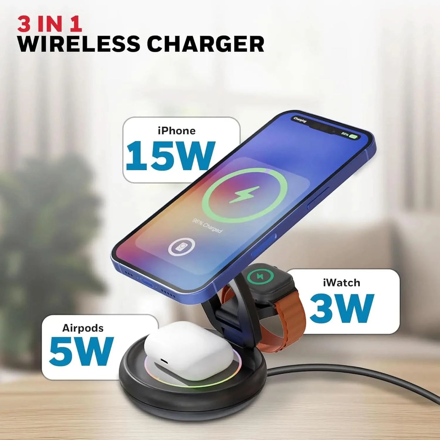 Honeywell Zest Wireless Trio 3-in-1 Platinum Series Foldable 23W Magnetic Wireless Fast Charger with Type-C Input, QC 3.0, Ultra-Fast Charging for iPhone 12 and Above, Apple Watches & AirPods