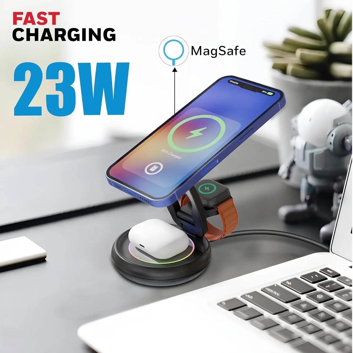 Honeywell Zest Wireless Trio 3-in-1 Platinum Series Foldable 23W Magnetic Wireless Fast Charger with Type-C Input, QC 3.0, Ultra-Fast Charging for iPhone 12 and Above, Apple Watches & AirPods