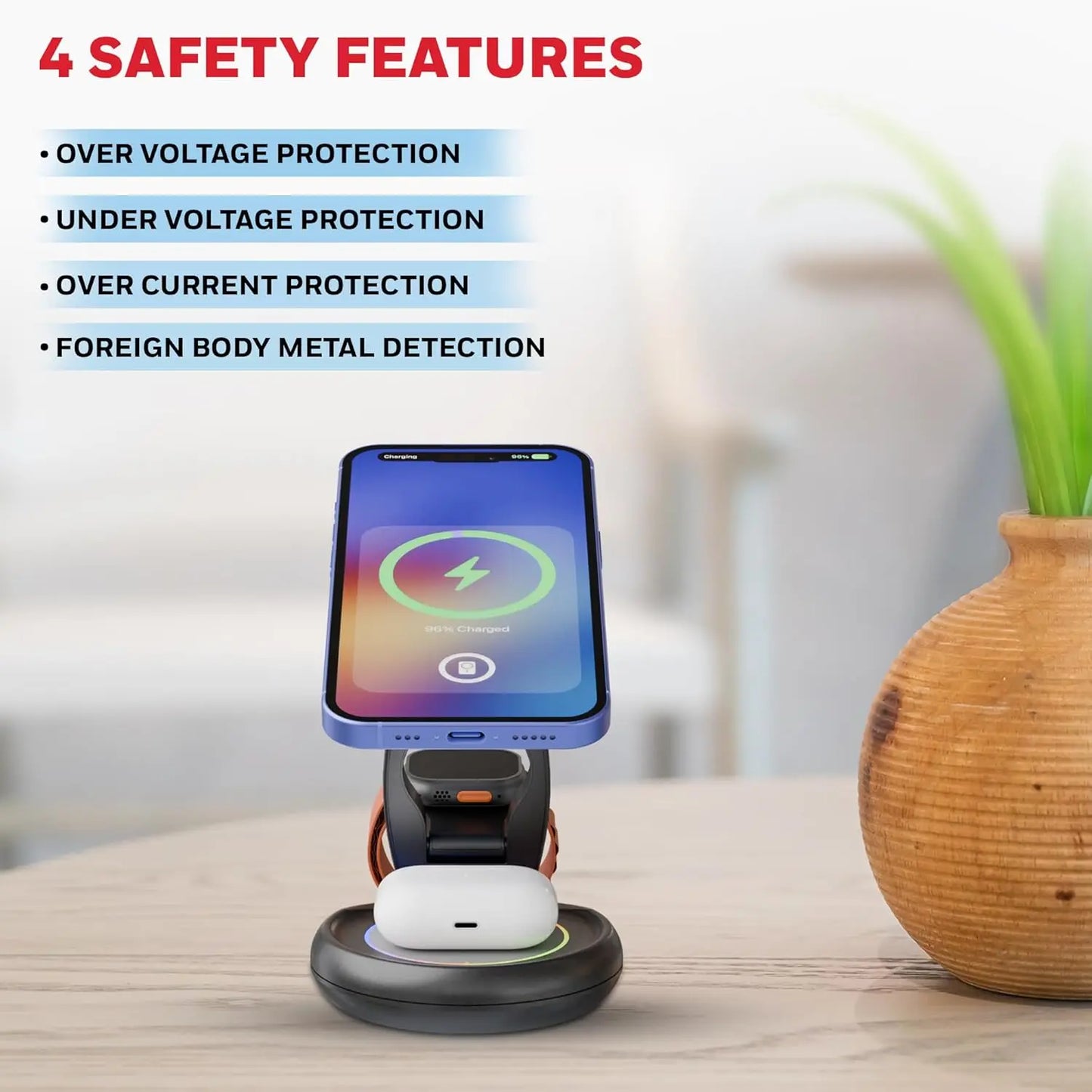 Honeywell Zest Wireless Trio 3-in-1 Platinum Series Foldable 23W Magnetic Wireless Fast Charger with Type-C Input, QC 3.0, Ultra-Fast Charging for iPhone 12 and Above, Apple Watches & AirPods