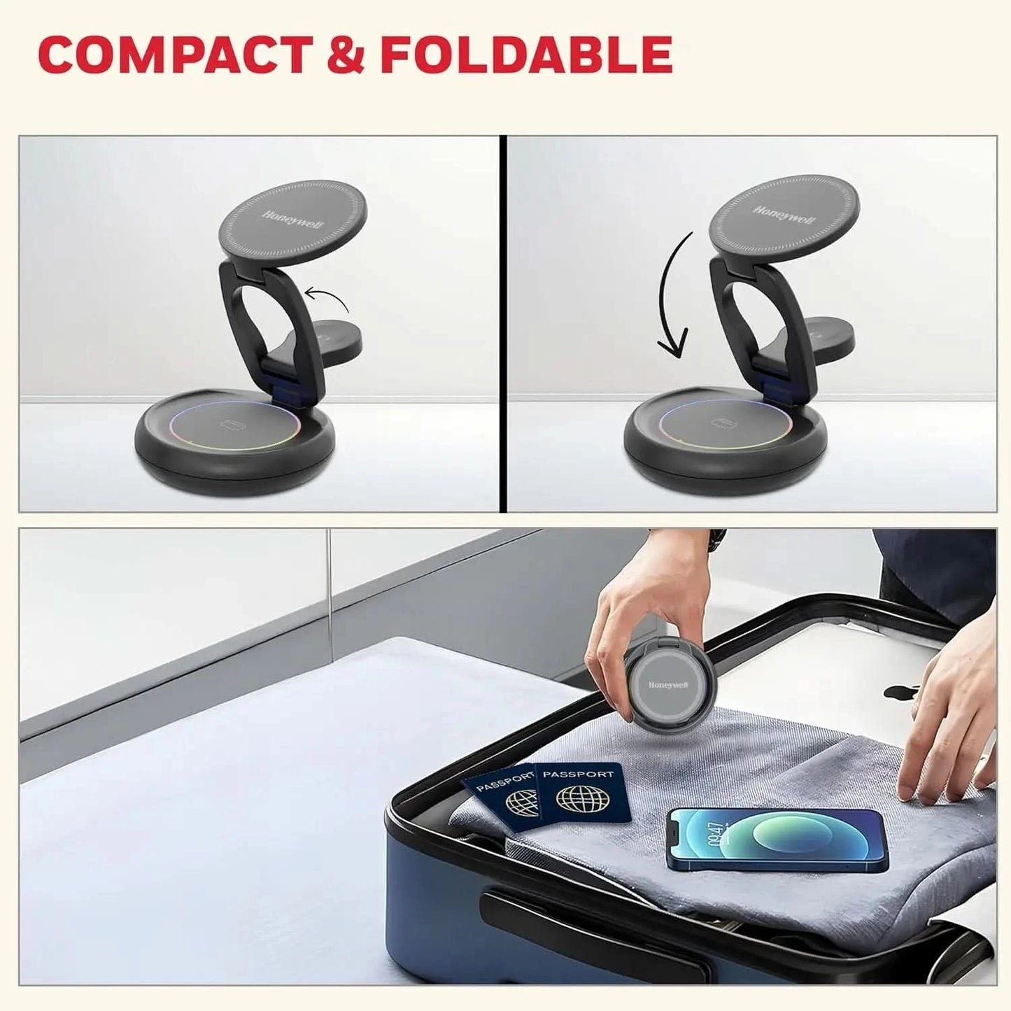 Honeywell Zest Wireless Trio 3-in-1 Platinum Series Foldable 23W Magnetic Wireless Fast Charger with Type-C Input, QC 3.0, Ultra-Fast Charging for iPhone 12 and Above, Apple Watches & AirPods