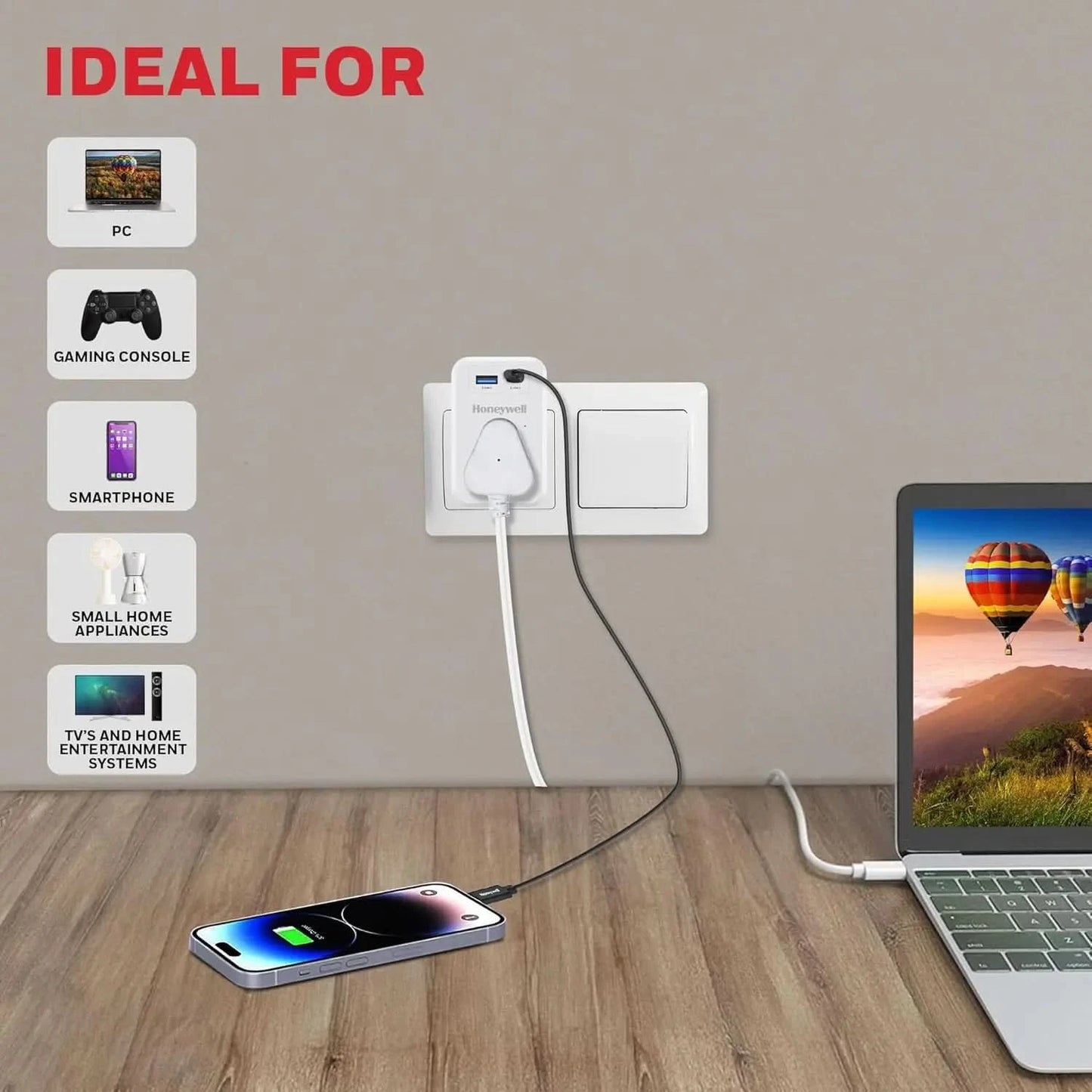Honeywell 3 Out Surge Cube, Spike Guard, 1 Outlet, PD20W & USB A Port, 7500Amp, Charge On The Go, Device Secure Warranty, Automatic Overload Protection, 3 Years Manufacturer Warranty