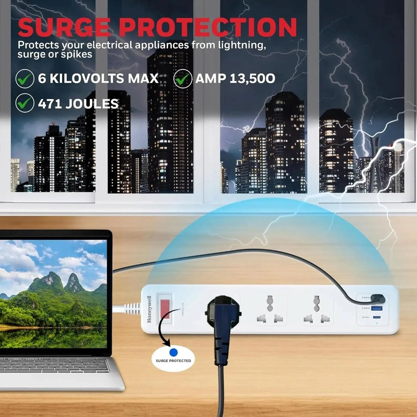 Honeywell 3 Out Surge Protector with Master Switch, Spike Guard/Extension Board, 3 Outlet, PD20W & 2xUSB, 13500Amp, 1.8 Meter Cord, DSW, Automatic Overload Protection, 3 Years Manufacturer Warranty