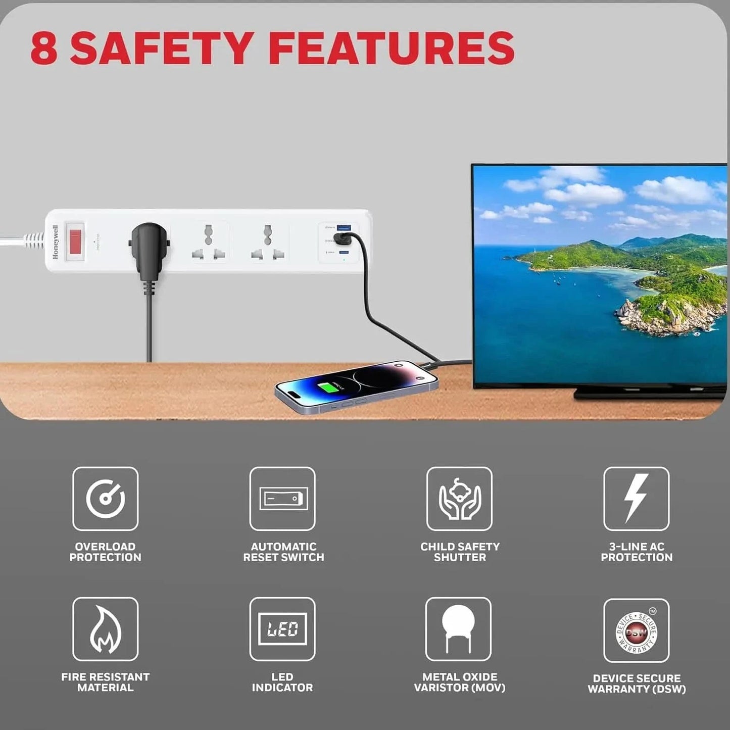Honeywell 3 Out Surge Protector with Master Switch, Spike Guard/Extension Board, 3 Outlet, PD20W & 2xUSB, 13500Amp, 1.8 Meter Cord, DSW, Automatic Overload Protection, 3 Years Manufacturer Warranty