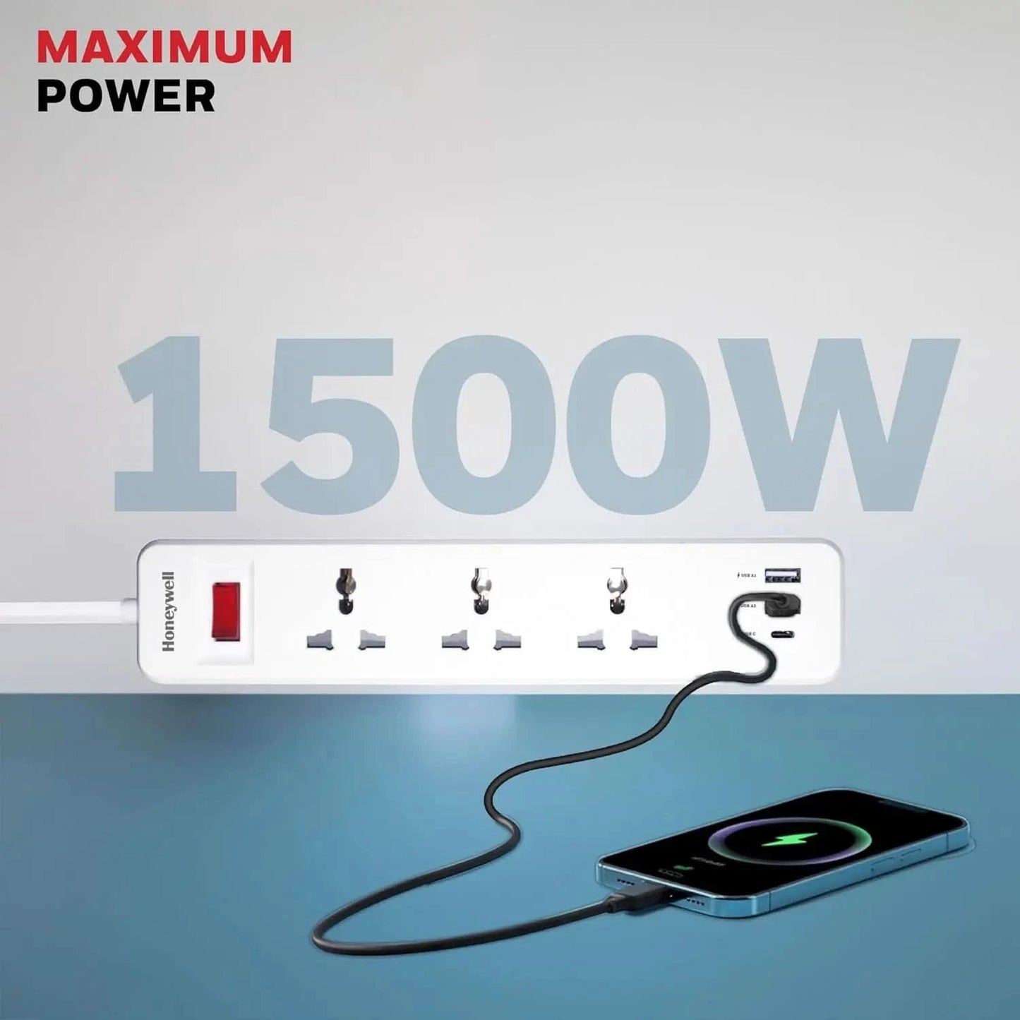 Honeywell 3 Outlet Extension Board with Master Switch, 6 Amps, 250V, 1xType C & 2xUSB, 3 International Sockets, Pure Copper, 6 Advanced Safety Features, 2 Mtr Power Cord, BIS Certified, 1 yr Warranty