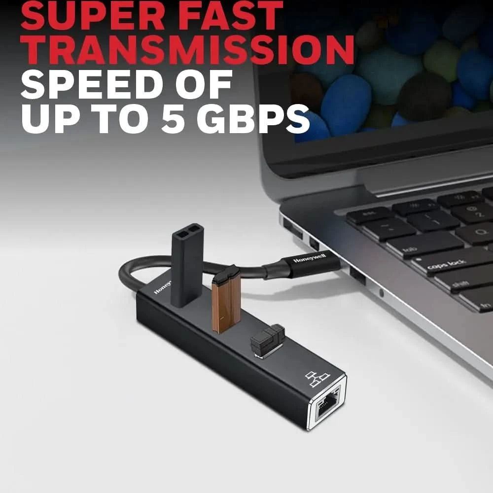 Honeywell 4-in-1 Type C 3.1 to USB 3.0 with RJ45 Gigabit Ethernet Adapter, 3x3.0 USB Ports Transfer Speed 5Gbps, 1Gbps Bandwidth, Universally Compatible with all Type C MacBooks, laptops, PCs, Tablets