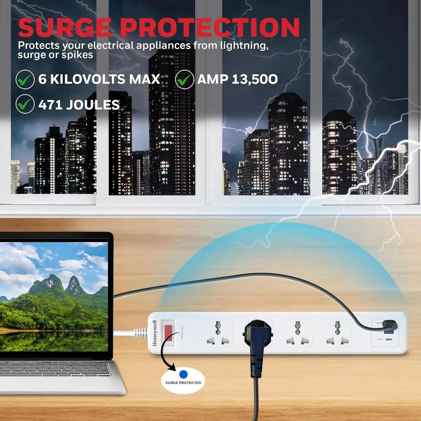Honeywell 4 Out Surge Protector with Master Switch, Spike Guard/Extension Board, 4 Outlet, PD20W & 2xUSB, 13500Amp, 1.8 Meter Cord, DSW, Automatic Overload Protection, 3 Years Manufacturer Warranty