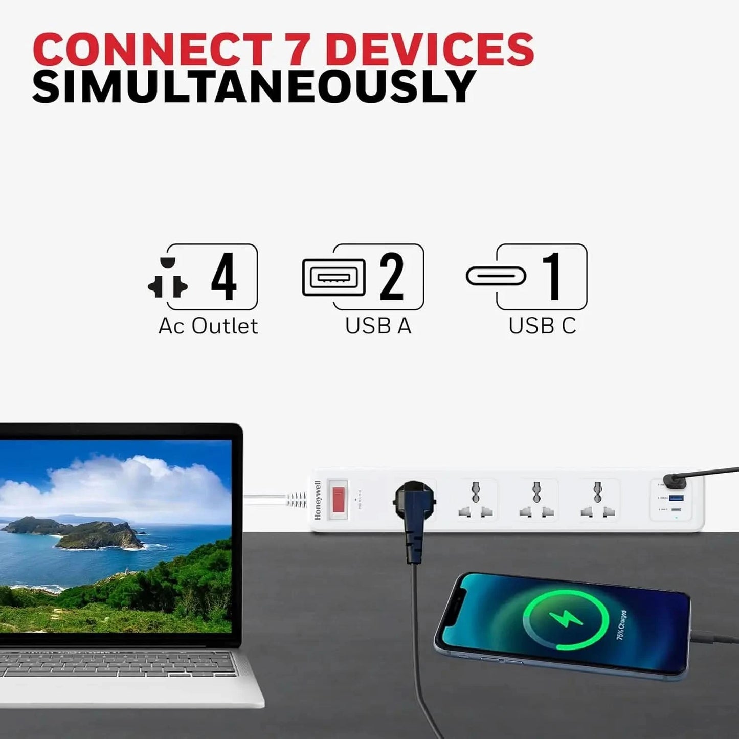 Honeywell 4 Out Surge Protector with Master Switch, Spike Guard/Extension Board, 4 Outlet, PD20W & 2xUSB, 13500Amp, 1.8 Meter Cord, DSW, Automatic Overload Protection, 3 Years Manufacturer Warranty