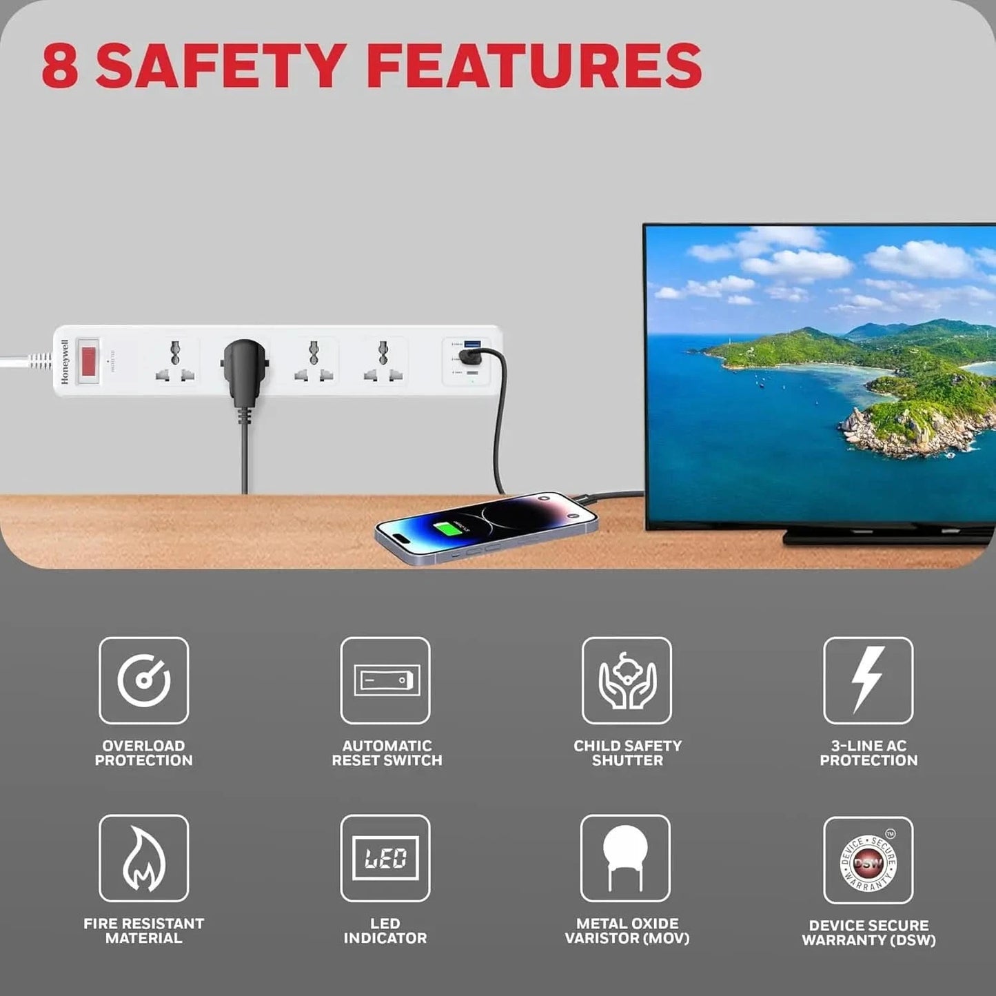 Honeywell 4 Out Surge Protector with Master Switch, Spike Guard/Extension Board, 4 Outlet, PD20W & 2xUSB, 13500Amp, 1.8 Meter Cord, DSW, Automatic Overload Protection, 3 Years Manufacturer Warranty