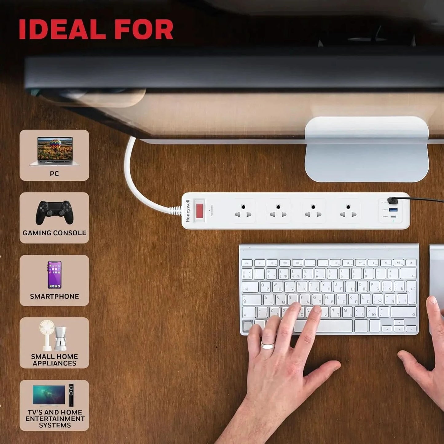 Honeywell 4 Out Surge Protector with Master Switch, Spike Guard/Extension Board, 4 Outlet, PD20W & 2xUSB, 13500Amp, 1.8 Meter Cord, DSW, Automatic Overload Protection, 3 Years Manufacturer Warranty
