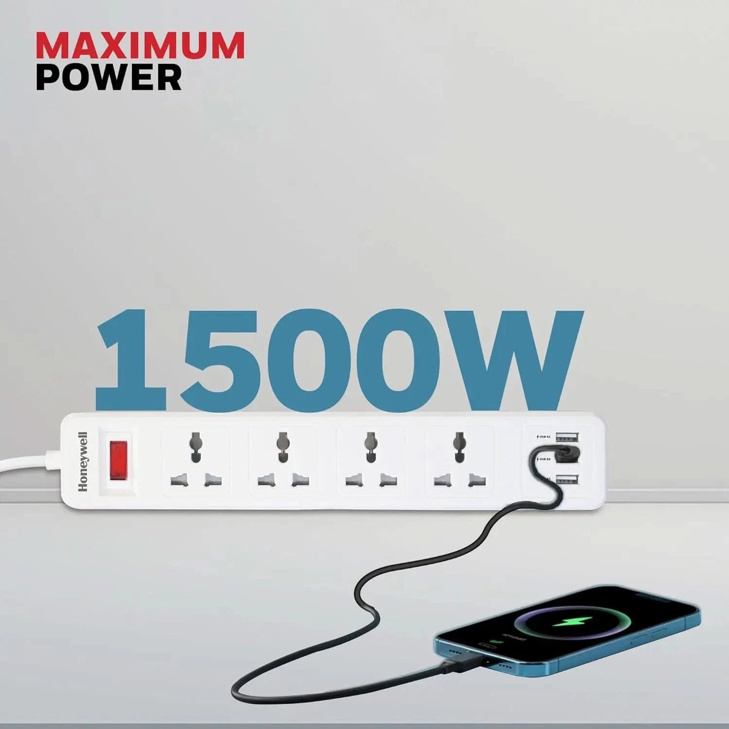 Honeywell 4 Outlet Extension Board with Master Switch, 6 Amps, 250V, 3xUSB, 4 International Sockets, Pure Copper, 6 Advanced Safety Features, 2 Mtr Power Cord, BIS Certified, 1 yr Warranty