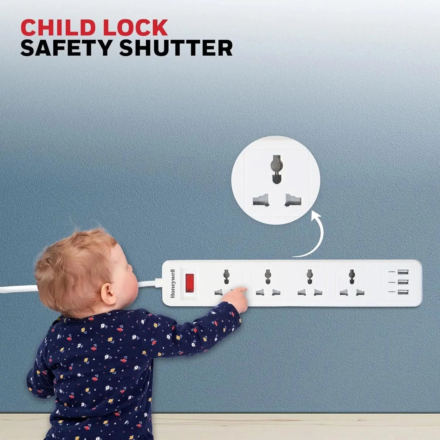 Honeywell 4 Outlet Extension Board with Master Switch, 6 Amps, 250V, 3xUSB, 4 International Sockets, Pure Copper, 6 Advanced Safety Features, 2 Mtr Power Cord, BIS Certified, 1 yr Warranty