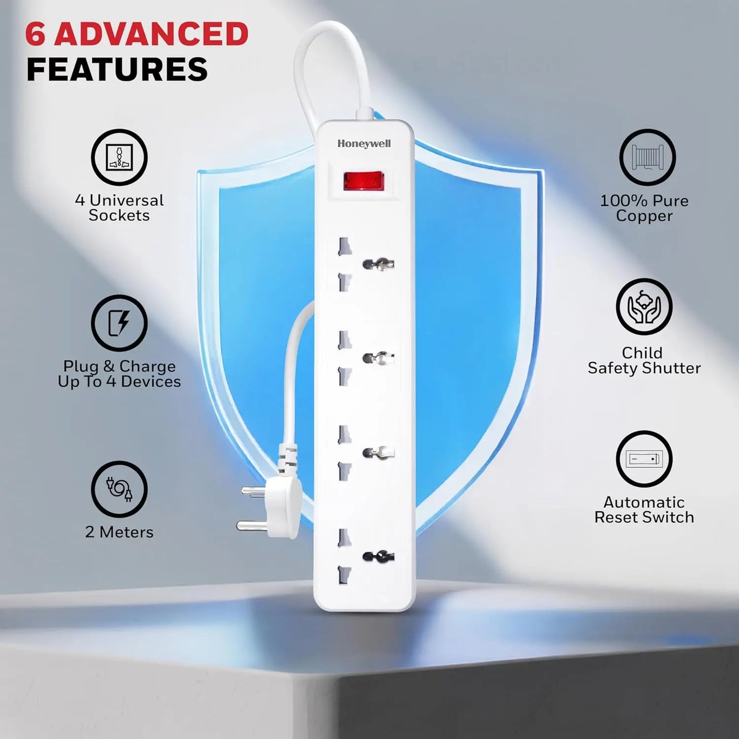 Honeywell 4 Outlet Extension Board with Master Switch, 6 Amps, 250V, 4 International Sockets, Pure Copper, 6 Advanced Safety Features, 2 Meter Power Cord, BIS Certified, 1 Year Warranty