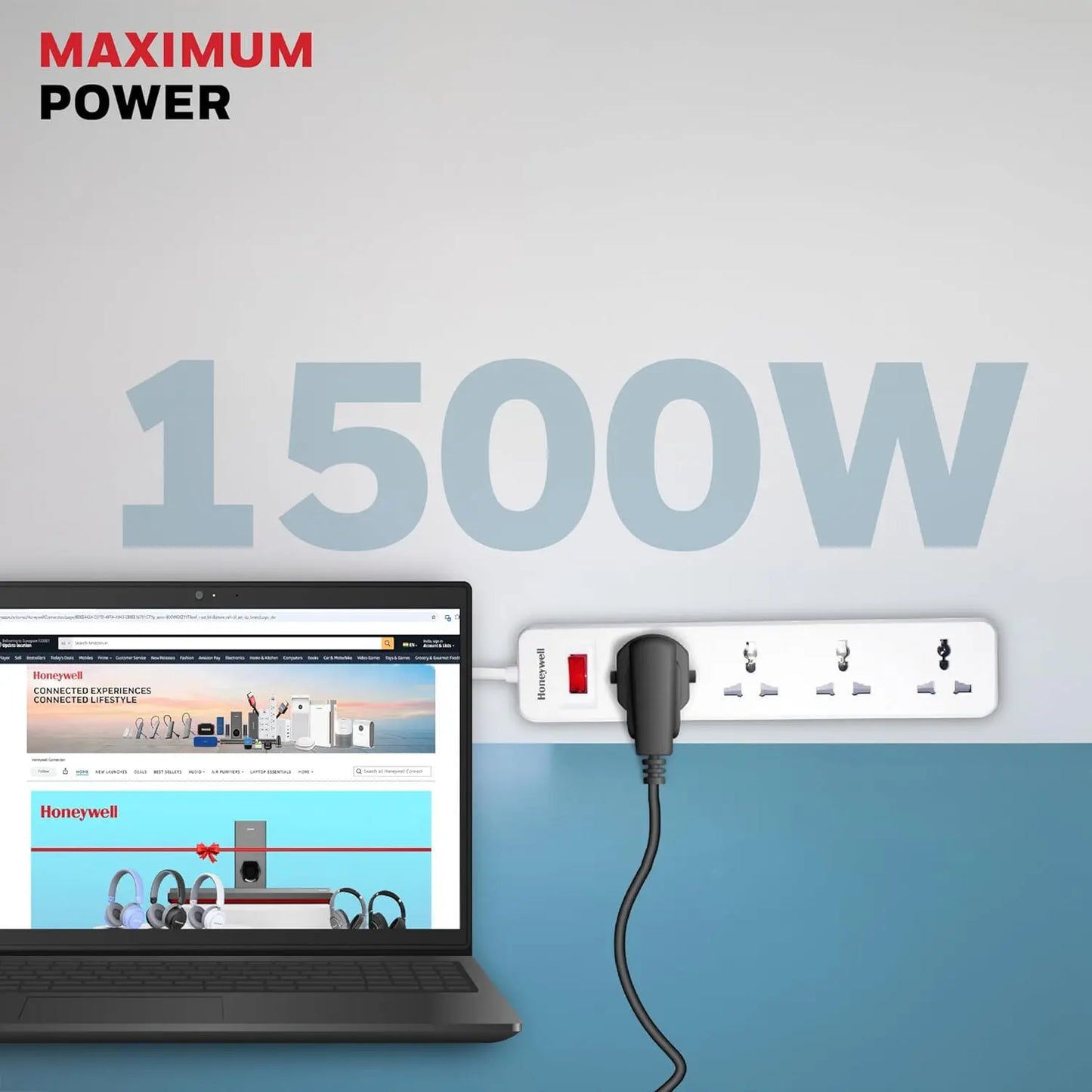 Honeywell 4 Outlet Extension Board with Master Switch, 6 Amps, 250V, 4 International Sockets, Pure Copper, 6 Advanced Safety Features, 2 Meter Power Cord, BIS Certified, 1 Year Warranty
