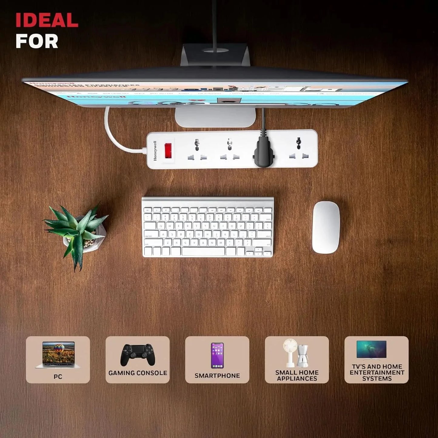 Honeywell 4 Outlet Extension Board with Master Switch, 6 Amps, 250V, 4 International Sockets, Pure Copper, 6 Advanced Safety Features, 2 Meter Power Cord, BIS Certified, 1 Year Warranty