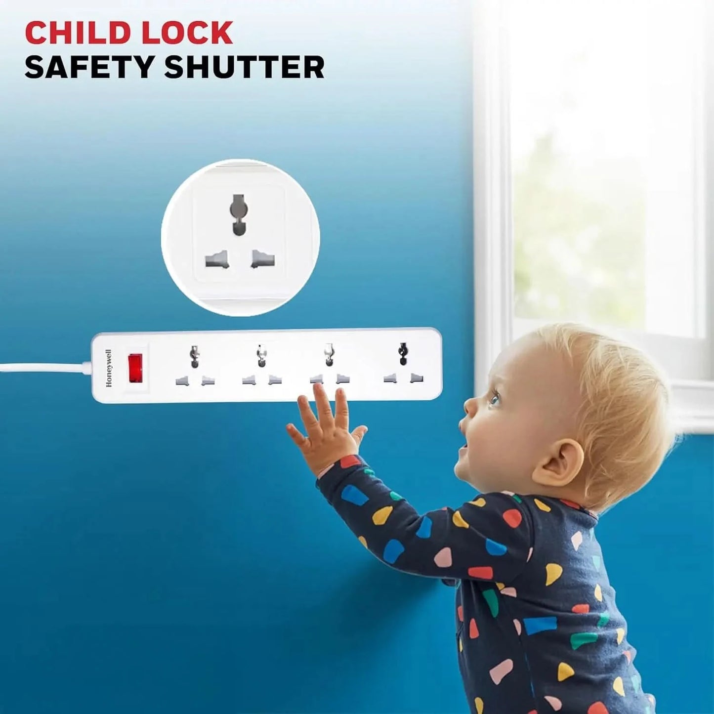 Honeywell 4 Outlet Extension Board with Master Switch, 6 Amps, 250V, 4 International Sockets, Pure Copper, 6 Advanced Safety Features, 2 Meter Power Cord, BIS Certified, 1 Year Warranty