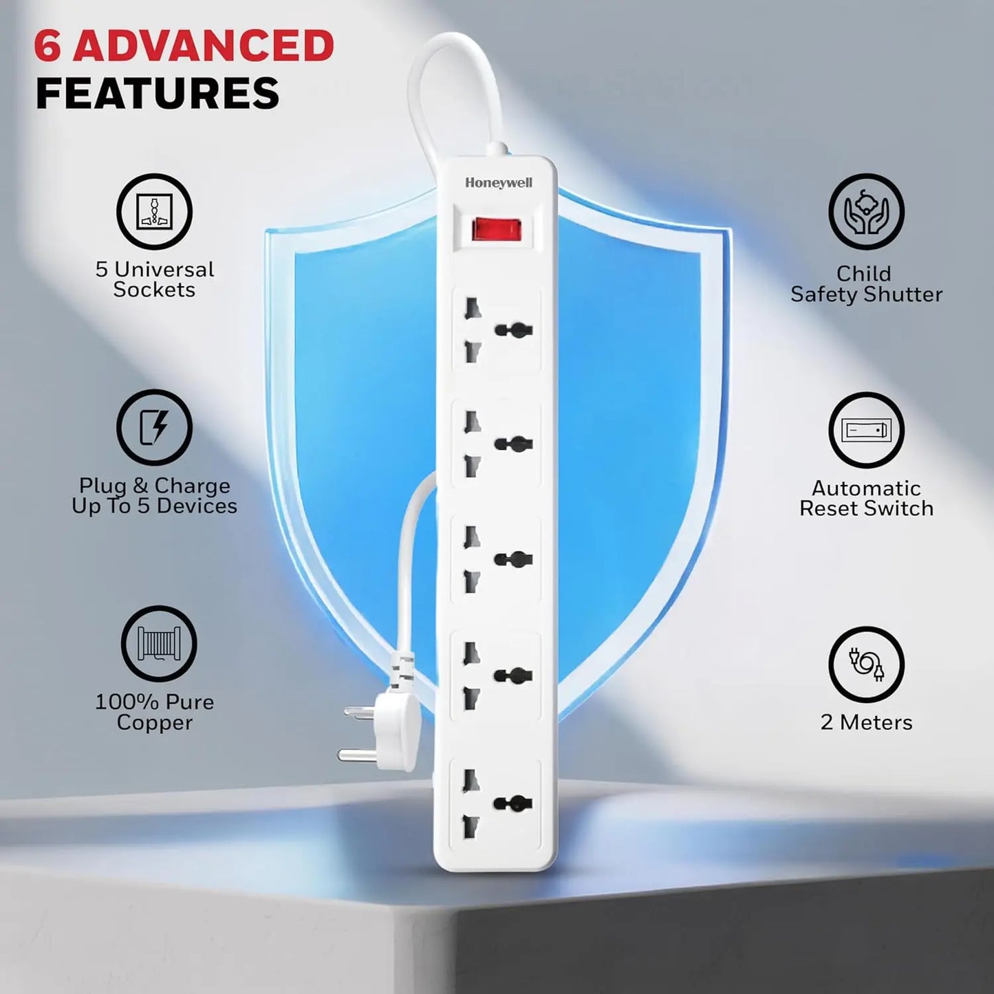 Honeywell 5 Outlet Extension Board with Master Switch, 6 Amps, 250V, 5 International Sockets, Pure Copper, 6 Advanced Safety Features, 2 Meter Power Cord, BIS Certified, 1 Year Warranty