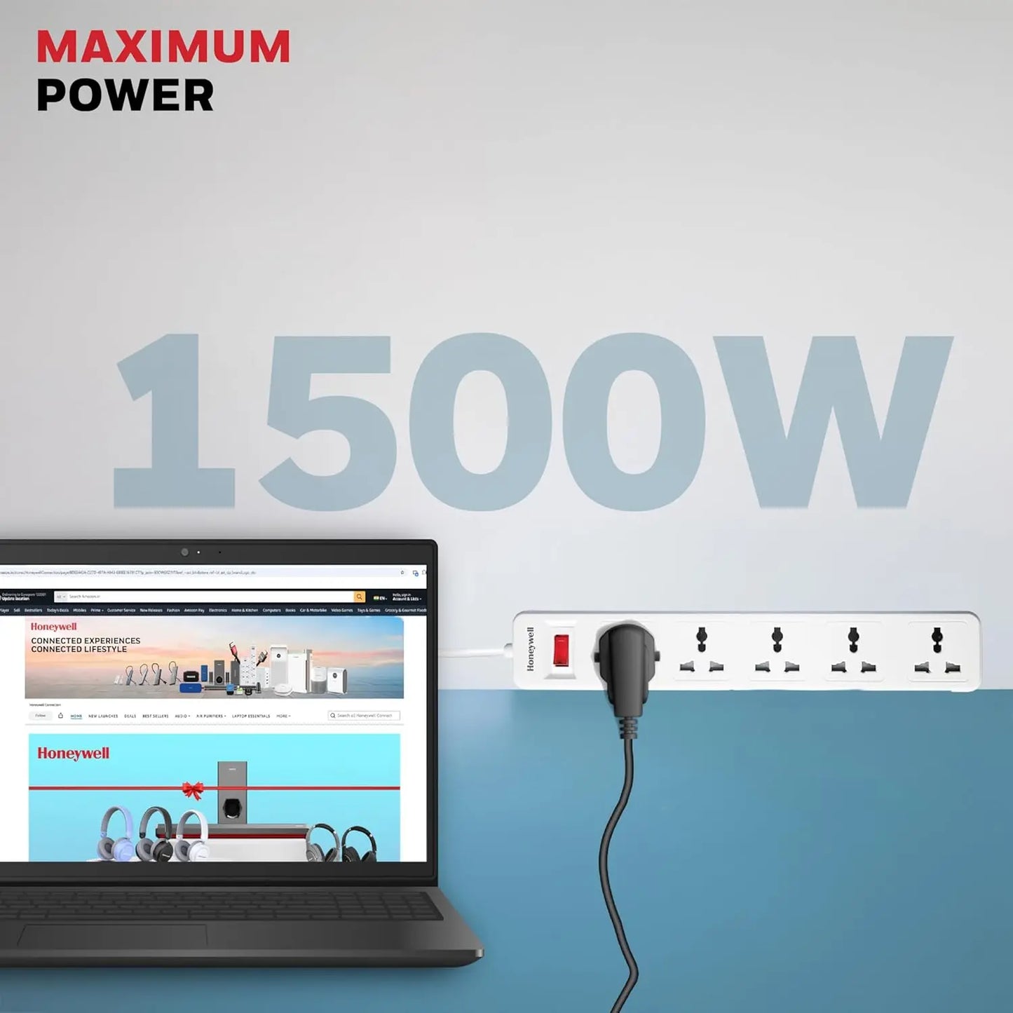 Honeywell 5 Outlet Extension Board with Master Switch, 6 Amps, 250V, 5 International Sockets, Pure Copper, 6 Advanced Safety Features, 2 Meter Power Cord, BIS Certified, 1 Year Warranty