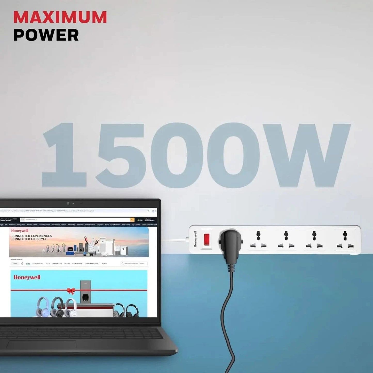 Honeywell 5 Outlet Extension Board with Master Switch, 6 Amps, 250V, 5 International Sockets, Pure Copper, 6 Advanced Safety Features, 2 Meter Power Cord, BIS Certified, 1 Year Warranty