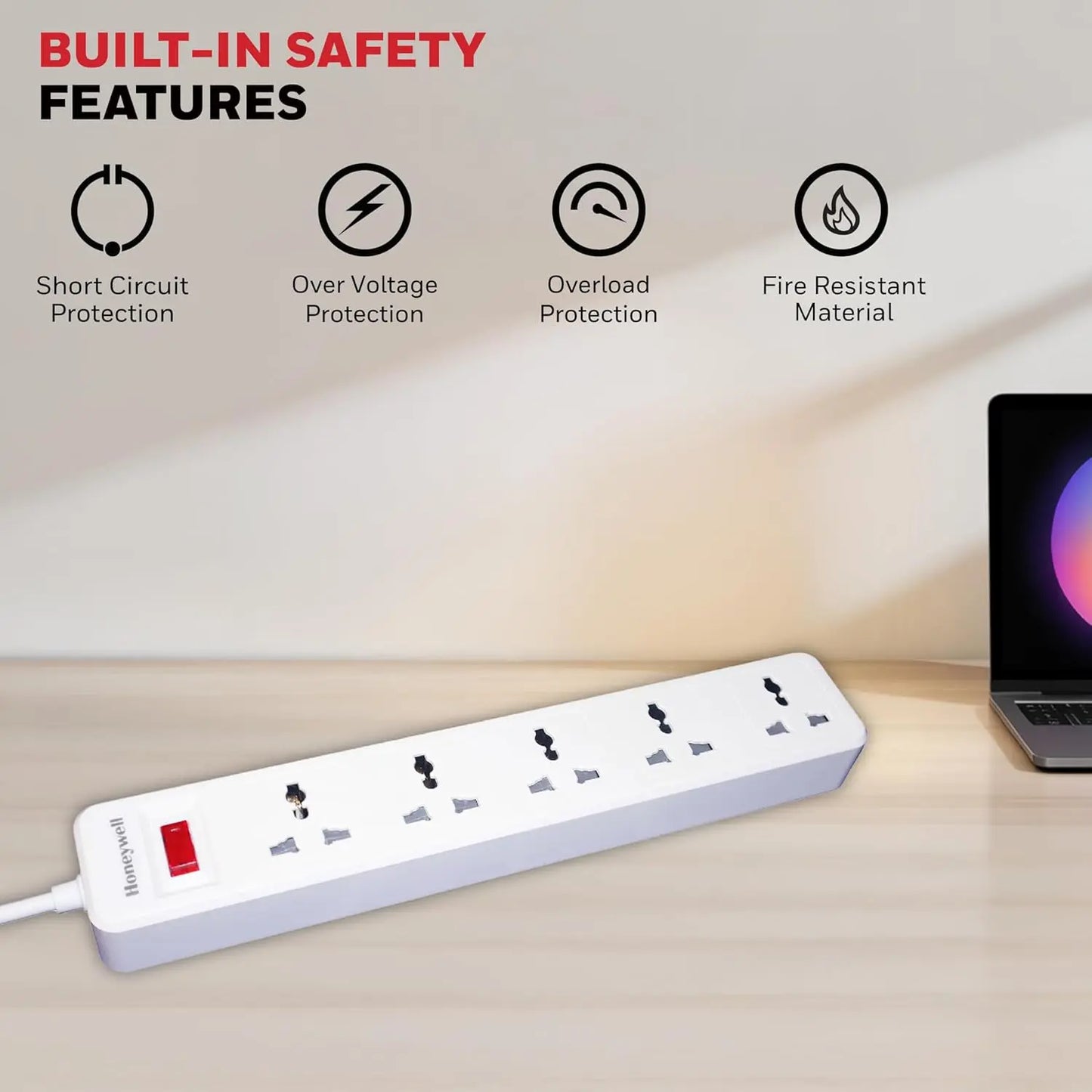 Honeywell 5 Outlet Extension Board with Master Switch, 6 Amps, 250V, 5 International Sockets, Pure Copper, 6 Advanced Safety Features, 2 Meter Power Cord, BIS Certified, 1 Year Warranty