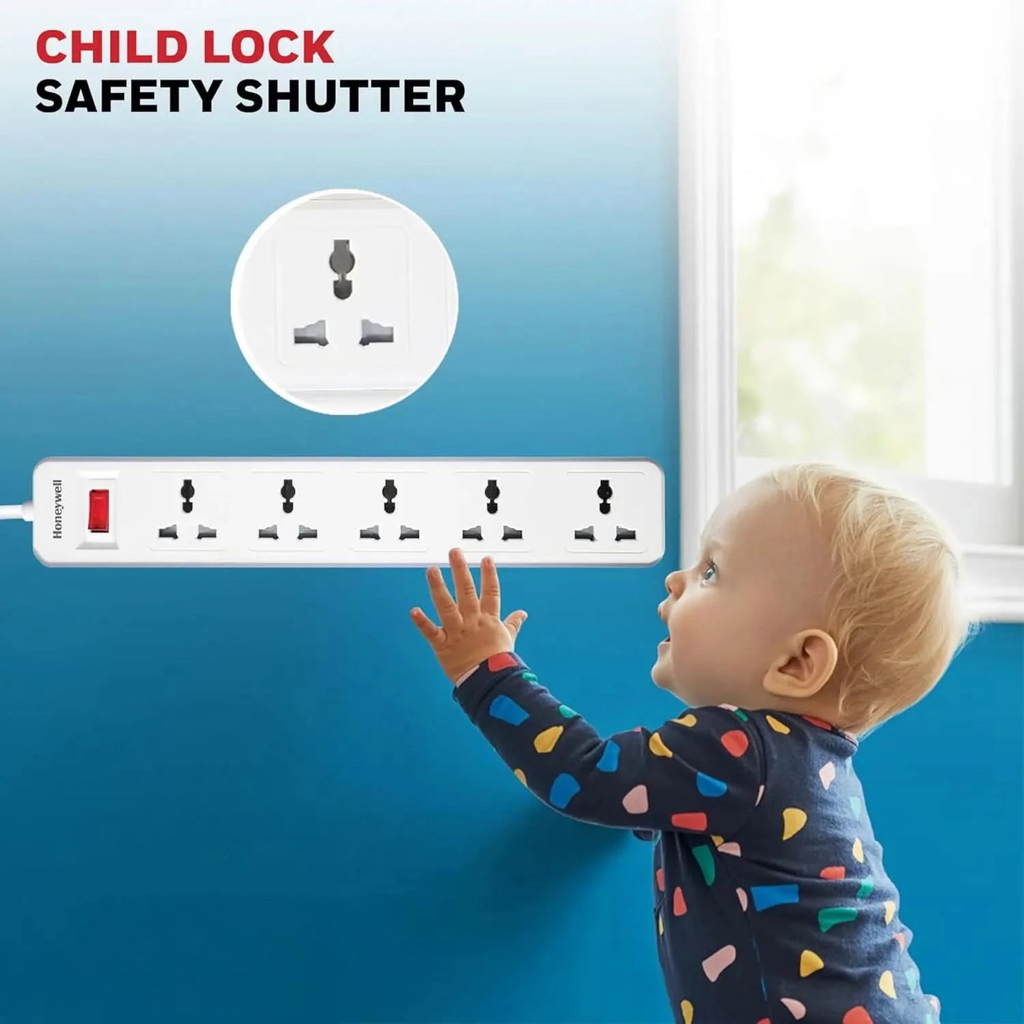 Honeywell 5 Outlet Extension Board with Master Switch, 6 Amps, 250V, 5 International Sockets, Pure Copper, 6 Advanced Safety Features, 2 Meter Power Cord, BIS Certified, 1 Year Warranty