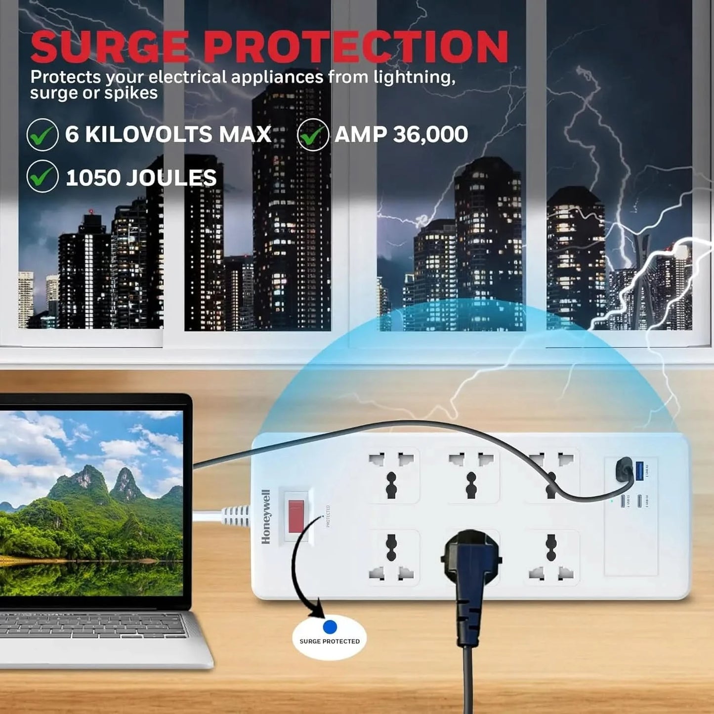 Honeywell 6 Out Surge Protector with Master Switch, Spike Guard/Extension Board, 6 Outlet, 2xPD20W & 2xUSB, 36000Amp, 1.8 Meter Cord, DSW, Automatic Overload Protection, 3 Years Manufacturer Warranty