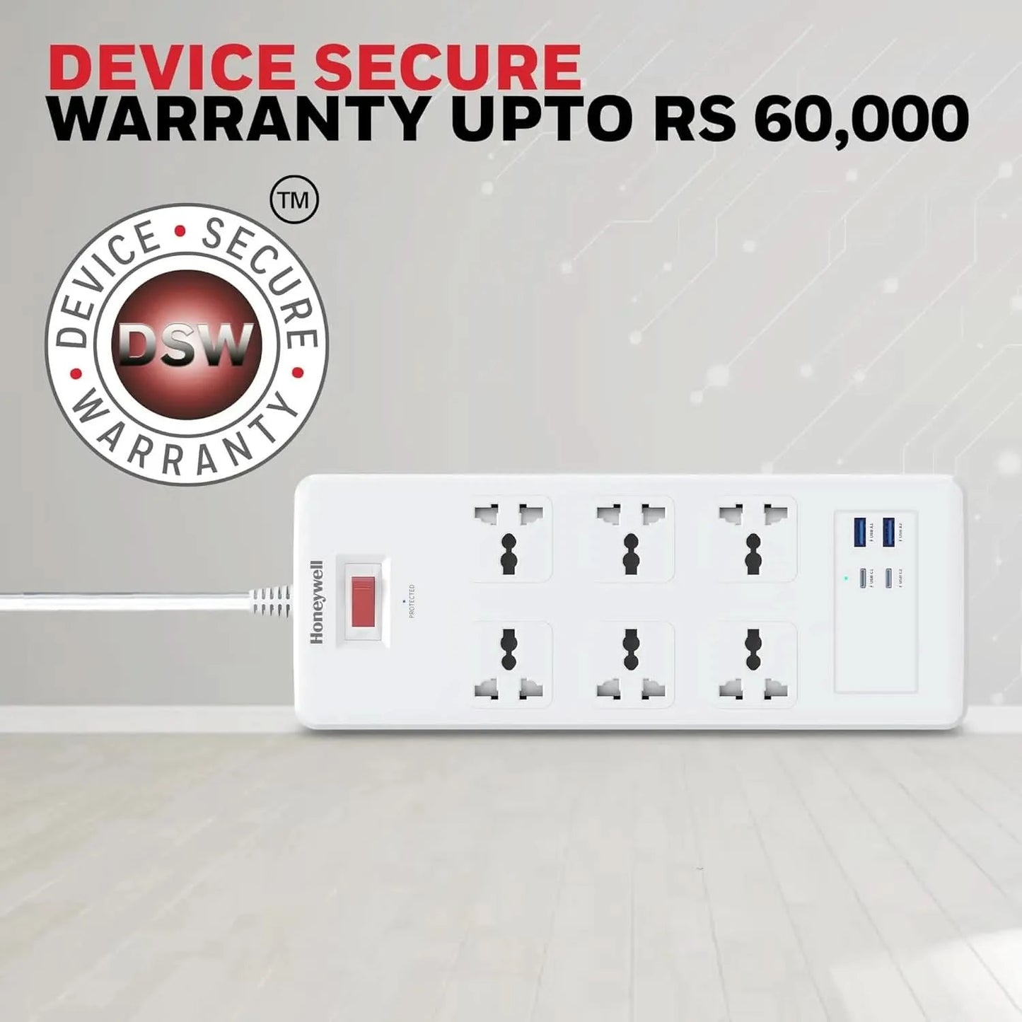 Honeywell 6 Out Surge Protector with Master Switch, Spike Guard/Extension Board, 6 Outlet, 2xPD20W & 2xUSB, 36000Amp, 1.8 Meter Cord, DSW, Automatic Overload Protection, 3 Years Manufacturer Warranty