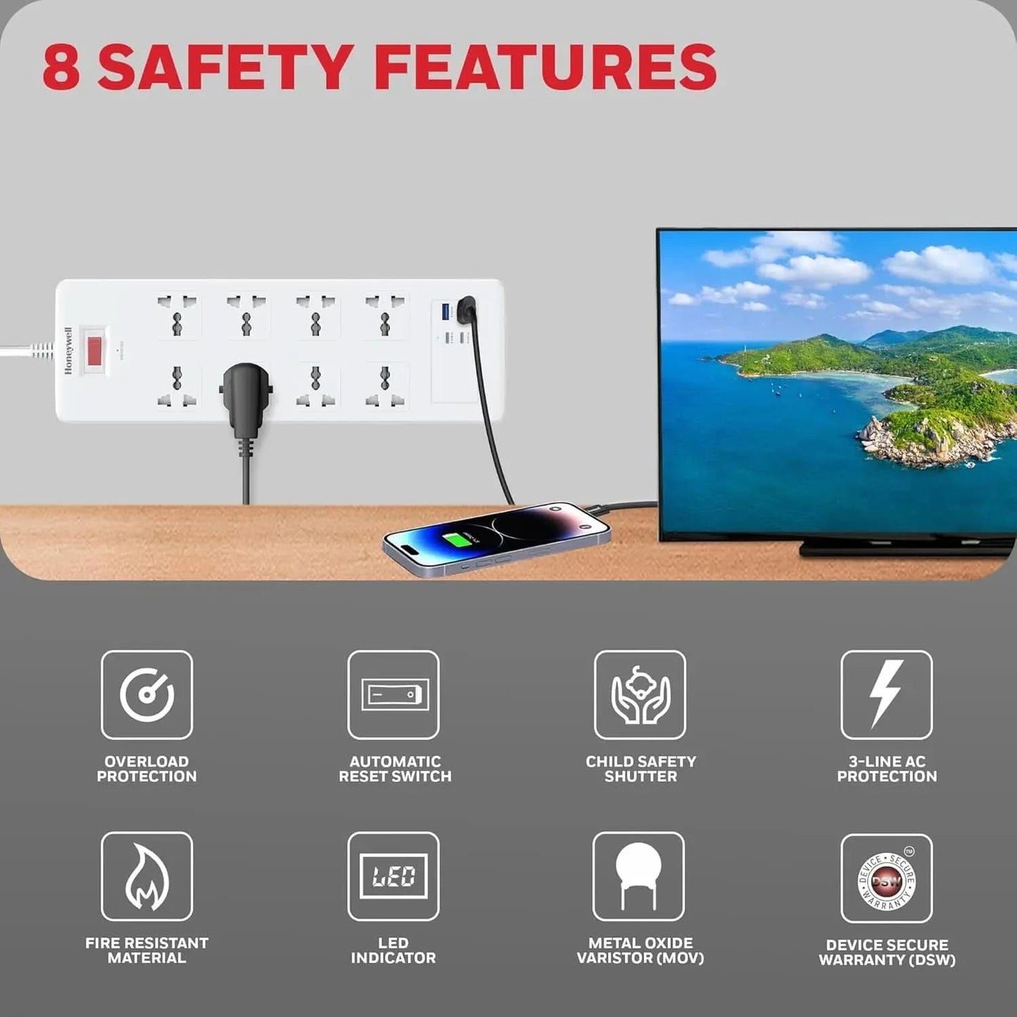 Honeywell 8 Out Surge Protector with Master Switch, Spike Guard/Extension Board, 8 Outlet, 2xPD20W & 2xUSB, 36000Amp, 1.8 Meter Cord, DSW, Automatic Overload Protection, 3 Years Manufacturer Warranty