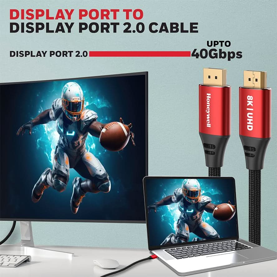 Honeywell Display Port To Display Port 2.0 Cable, 8K@60Hz UHD Resolution, 2 Mtr, 40 GBPS Transmission Speed, Male to Male, Compatible with TV, Laptop, Projector, Monitor etc