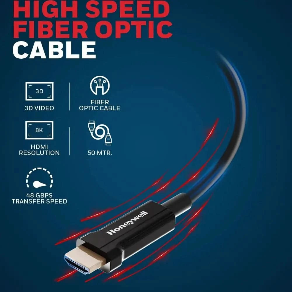 Honeywell HDMI AOC 2.1 Complaint 50 Meters, Transmission Speed of 48GBPS, Supports UHD Resolution of 8K@60Hz, Male-to-Male, High-Speed Fiber Optics Cable, Compatible with TV, Gaming Console, etc.