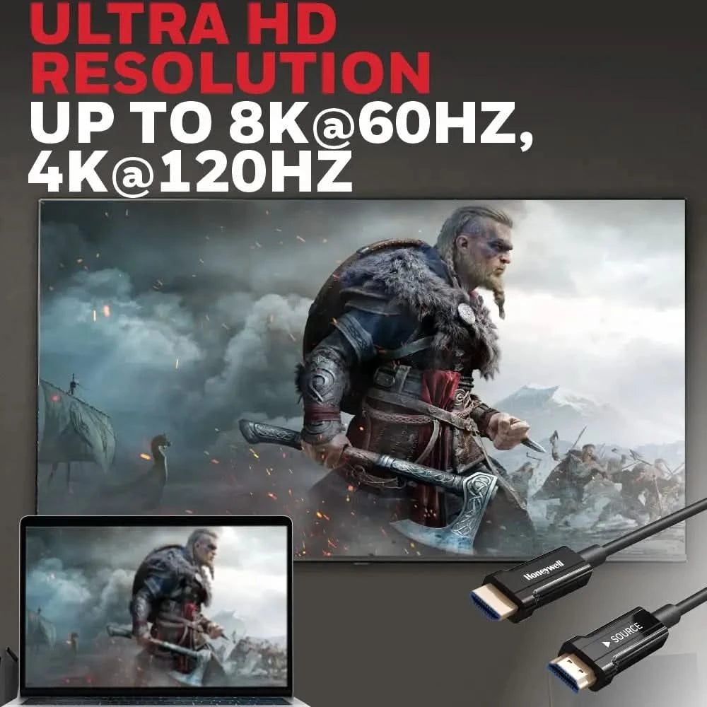 Honeywell HDMI AOC 2.1 Complaint 50 Meters, Transmission Speed of 48GBPS, Supports UHD Resolution of 8K@60Hz, Male-to-Male, High-Speed Fiber Optics Cable, Compatible with TV, Gaming Console, etc.
