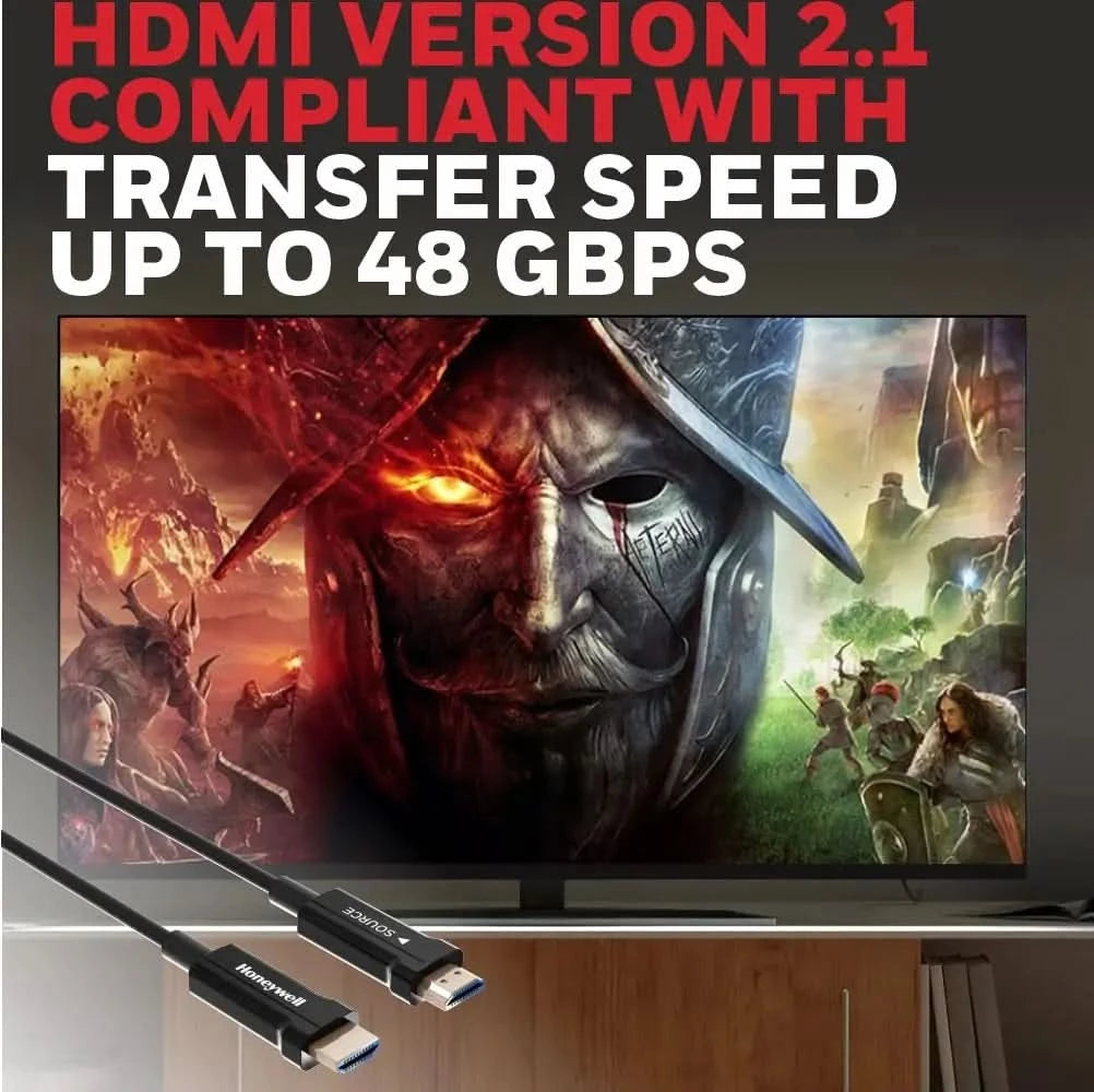 Honeywell HDMI AOC 2.1 Complaint 50 Meters, Transmission Speed of 48GBPS, Supports UHD Resolution of 8K@60Hz, Male-to-Male, High-Speed Fiber Optics Cable, Compatible with TV, Gaming Console, etc.