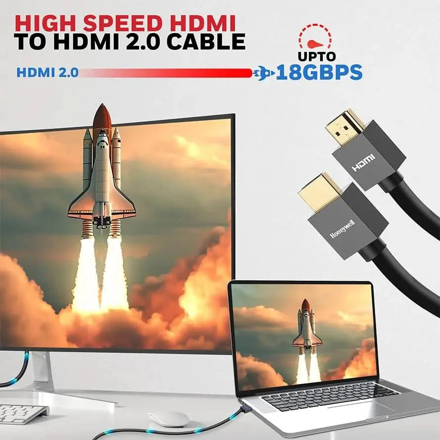Honeywell HDMI Cable v2.0 with Ethernet, 3D/4K@60Hz Ultra HD Resolution, 3 Mtr, 18 GBPS Transmission Speed, High Speed, Compatible with all HDMI Devices Laptop Desktop TV Set-top Box Gaming Console
