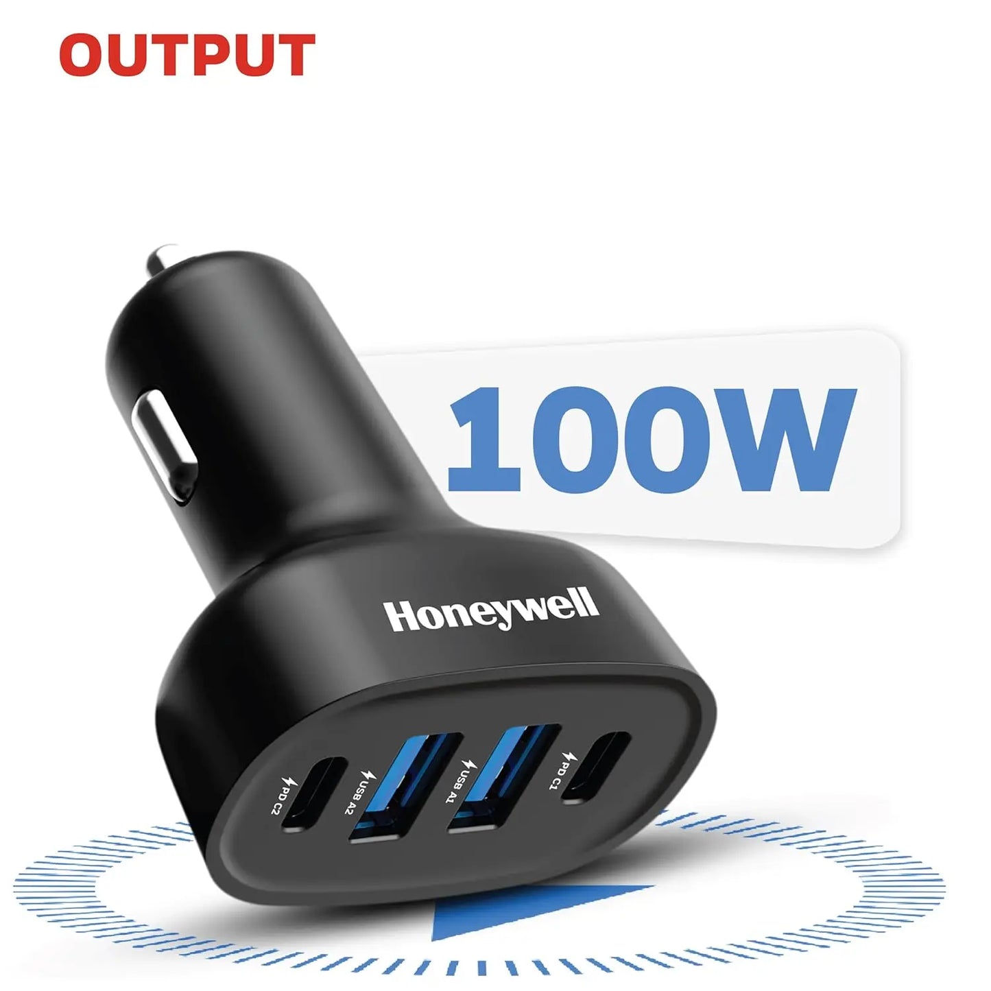 Honeywell Micro CLA 100W PD Smart Car Charger, Adapter for iPhone and Android, 2xType C & 2xUSB A Port, Ultra-Fast Charging, Compatible with All Smartphones & Tablets.
