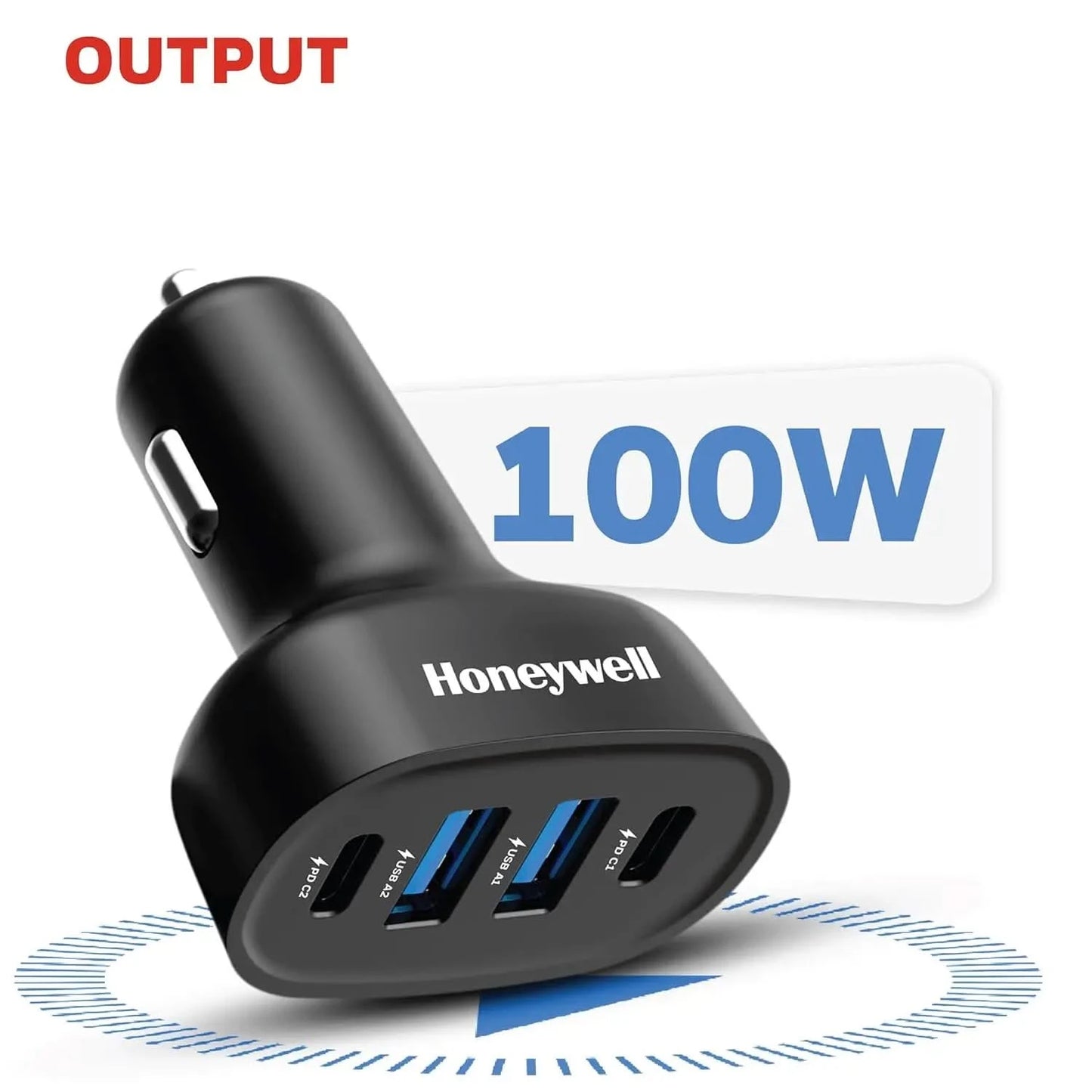 Honeywell Micro CLA 100W PD Smart Car Charger, Adapter for iPhone and Android, 2xType C & 2xUSB A Port, Ultra-Fast Charging, Compatible with All Smartphones & Tablets.