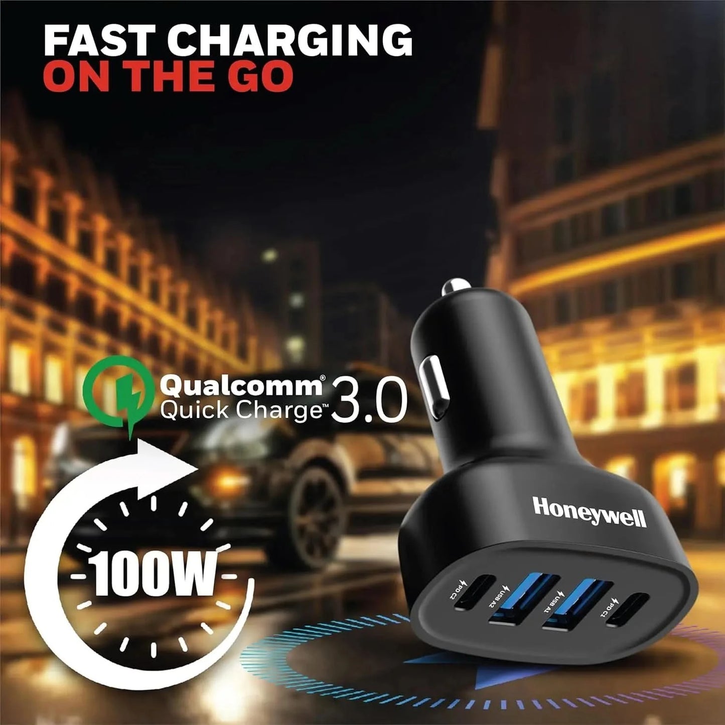 Honeywell Micro CLA 100W PD Smart Car Charger, Adapter for iPhone and Android, 2xType C & 2xUSB A Port, Ultra-Fast Charging, Compatible with All Smartphones & Tablets.