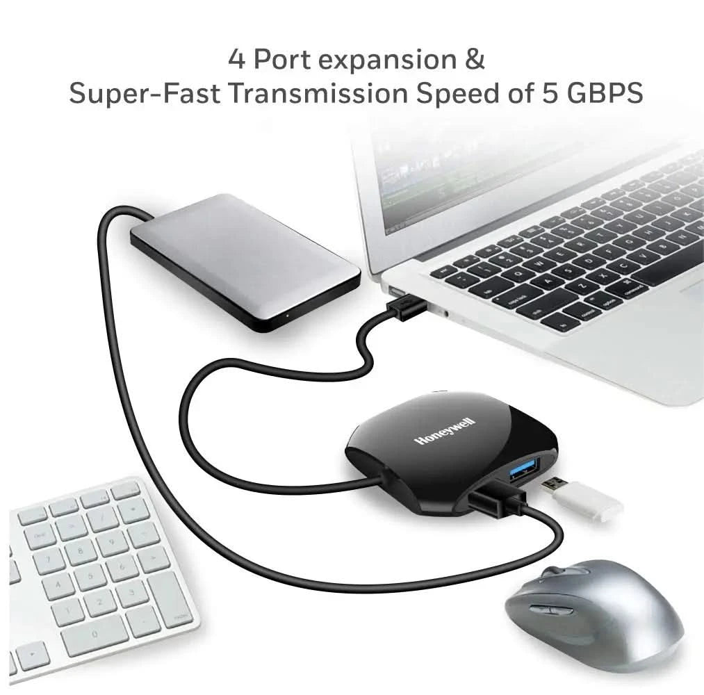 Honeywell Momentum 4-1 USB 3.0 Hub, 1.2 Meter Cable, Max Current 900mA, Transmission Speed 5GBPS, Universally Compatible with All USB PC, Laptop, Speaker, Mobile, Pen Drive,Hard Drive,Keyboard Printer