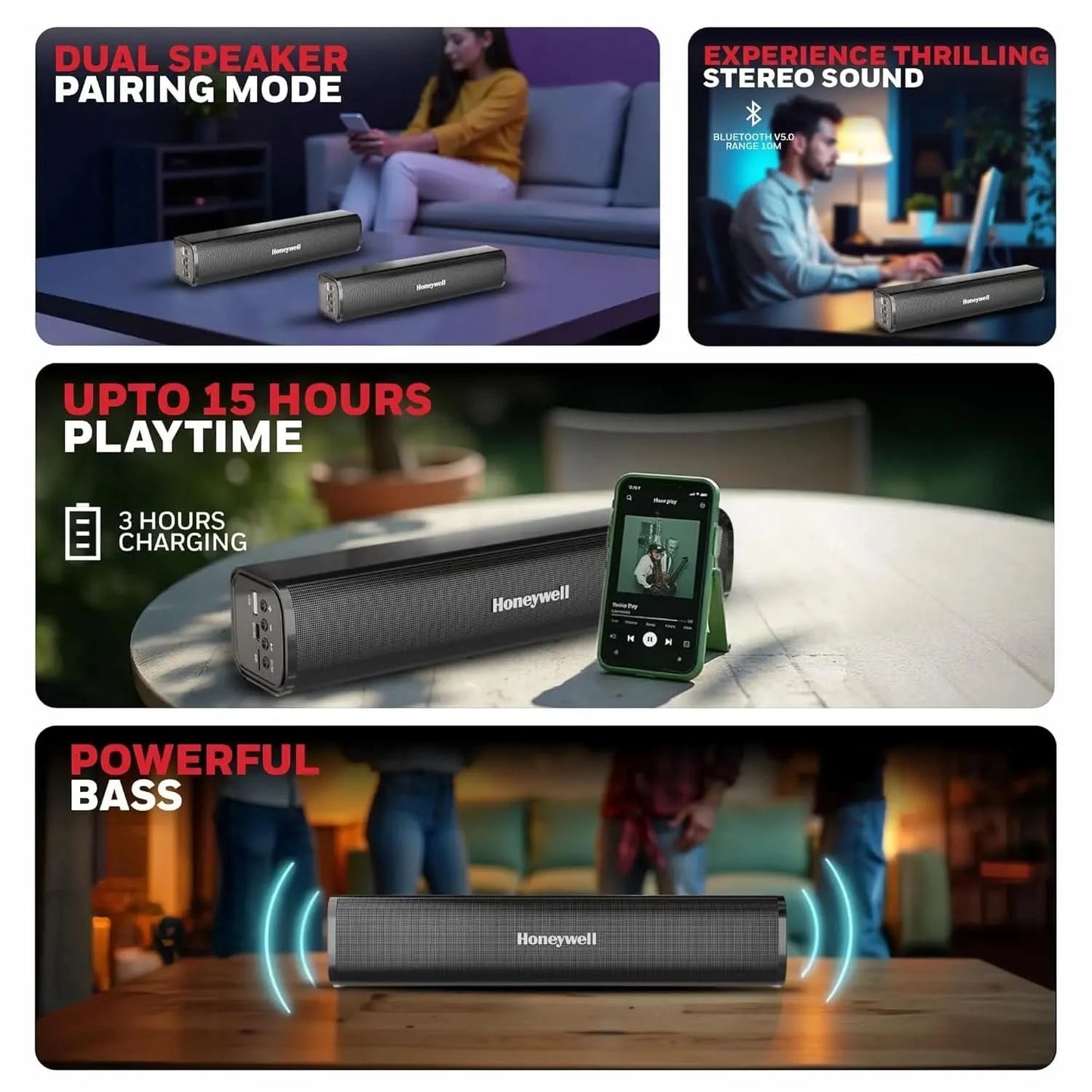 Honeywell Moxie V1000 10W 2.0 Channel V5.0 Wireless Bluetooth Soundbar, 5.0 Stereo Sound, 52mm*2 Drivers, 15Hrs Playtime, TWS, 1200mAh Battery, Multiple Connectivity via SD Card, Audio Jack & USB