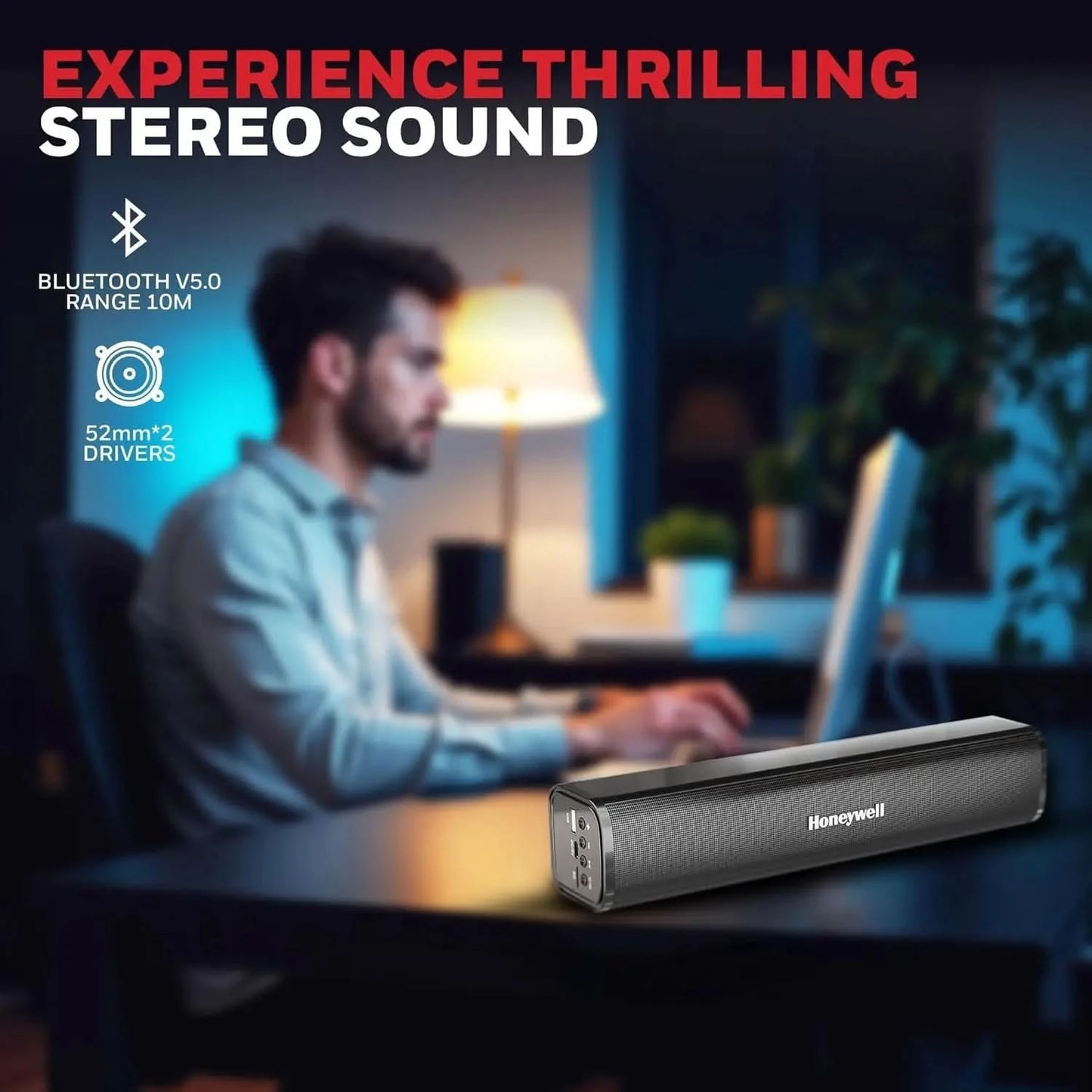 Honeywell Moxie V1000 10W 2.0 Channel V5.0 Wireless Bluetooth Soundbar, 5.0 Stereo Sound, 52mm*2 Drivers, 15Hrs Playtime, TWS, 1200mAh Battery, Multiple Connectivity via SD Card, Audio Jack & USB