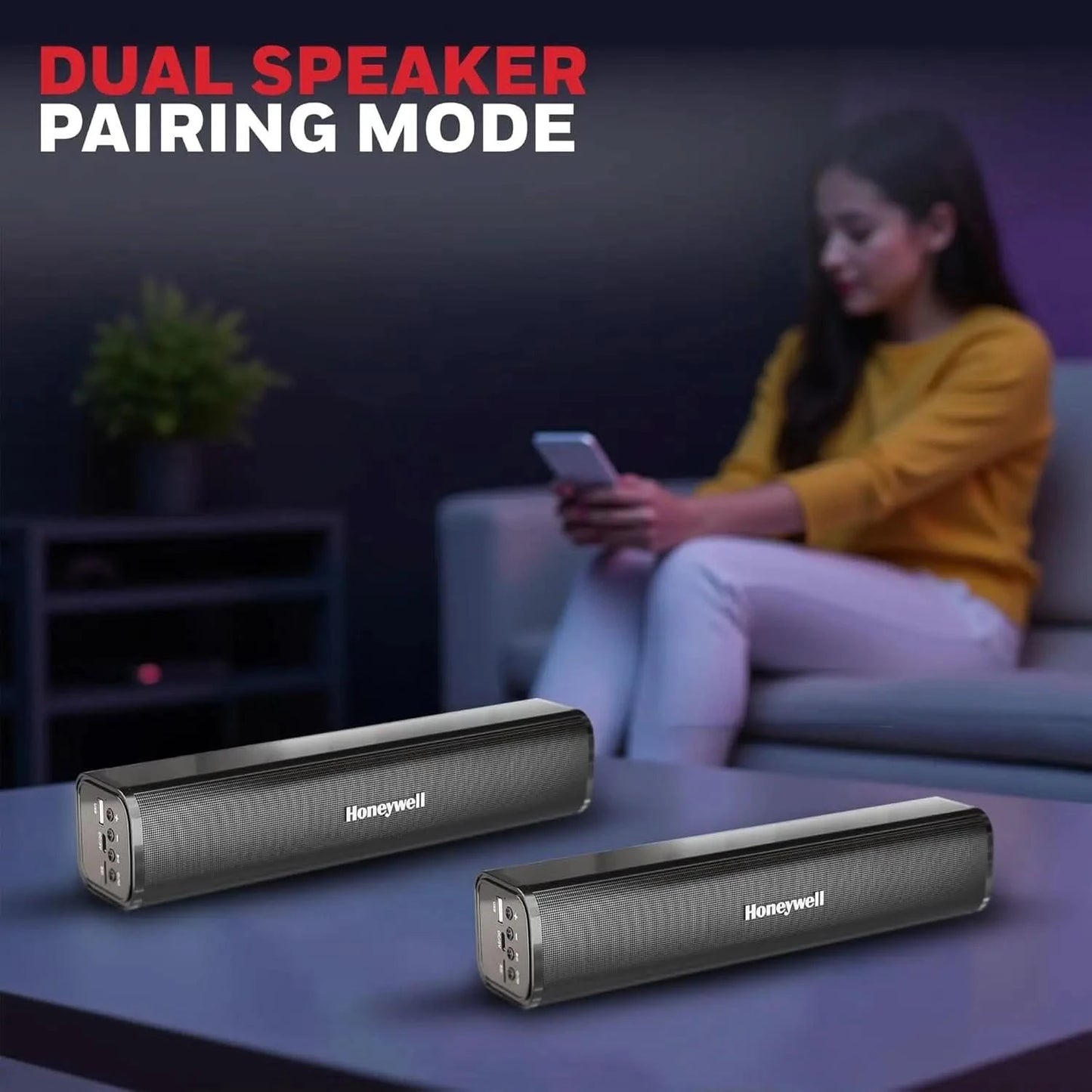Honeywell Moxie V1000 10W 2.0 Channel V5.0 Wireless Bluetooth Soundbar, 5.0 Stereo Sound, 52mm*2 Drivers, 15Hrs Playtime, TWS, 1200mAh Battery, Multiple Connectivity via SD Card, Audio Jack & USB