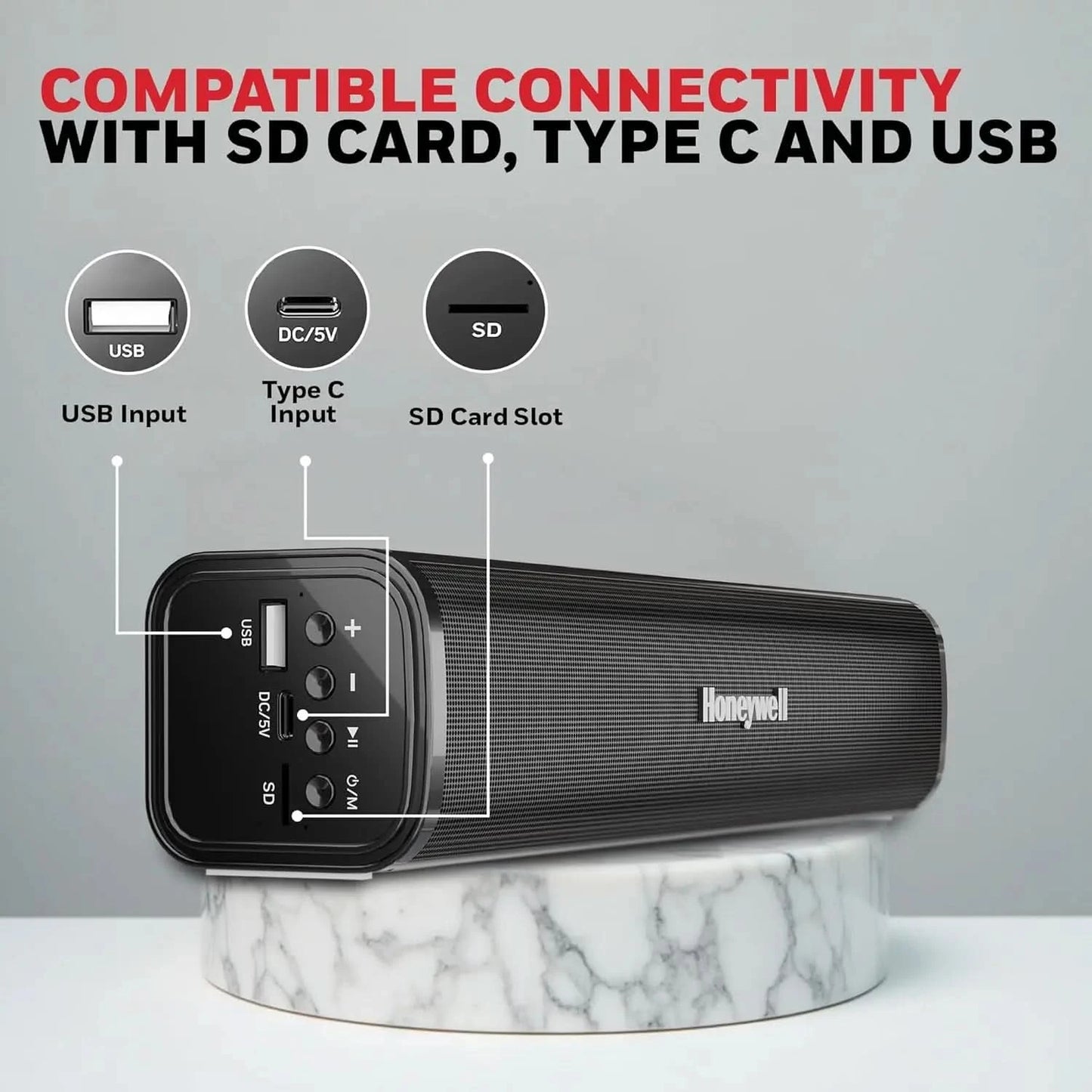 Honeywell Moxie V1000 10W 2.0 Channel V5.0 Wireless Bluetooth Soundbar, 5.0 Stereo Sound, 52mm*2 Drivers, 15Hrs Playtime, TWS, 1200mAh Battery, Multiple Connectivity via SD Card, Audio Jack & USB