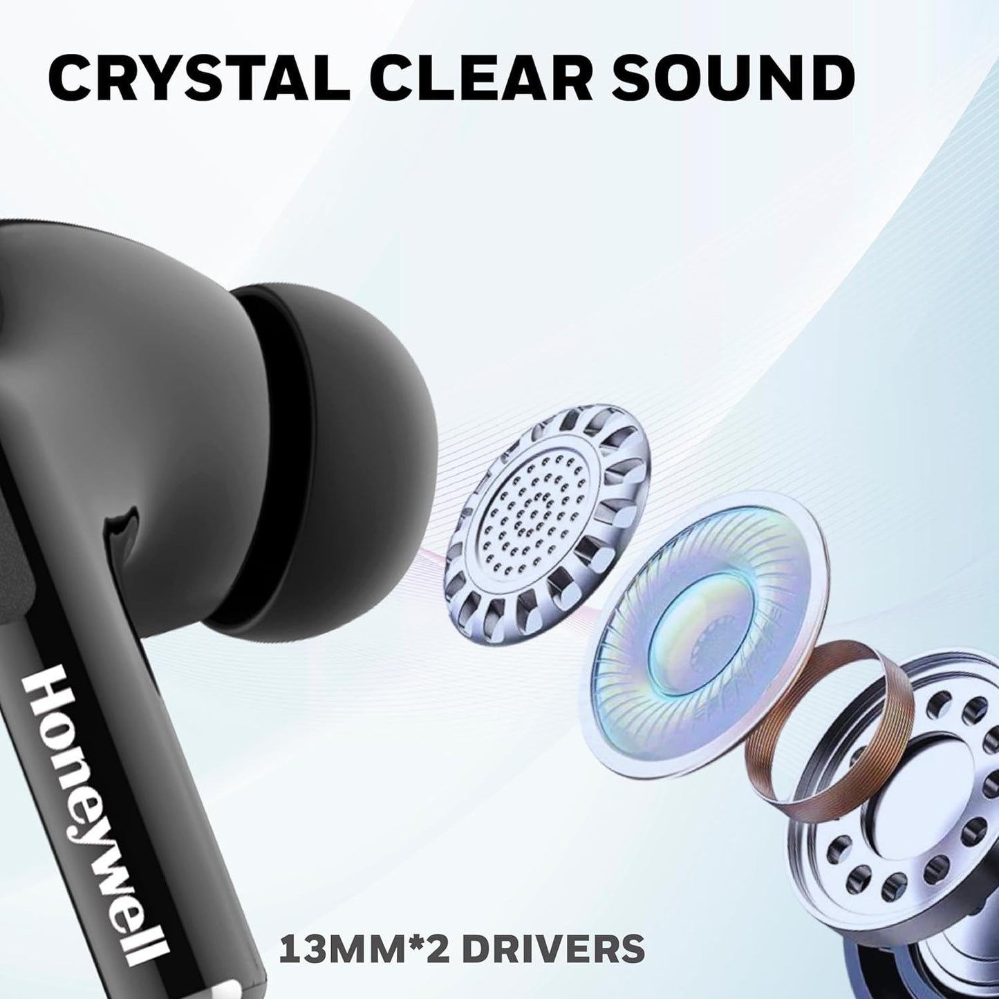 Honeywell Moxie V1200 Bluetooth TWS Earbuds with 26H of Playtime, Type C Fast Charging, IPx4 Water Resistant, Bluetooth V5.3, 13mm*2 Drivers, Voice Assistant, 2 Years Manufacturer Warranty - Black