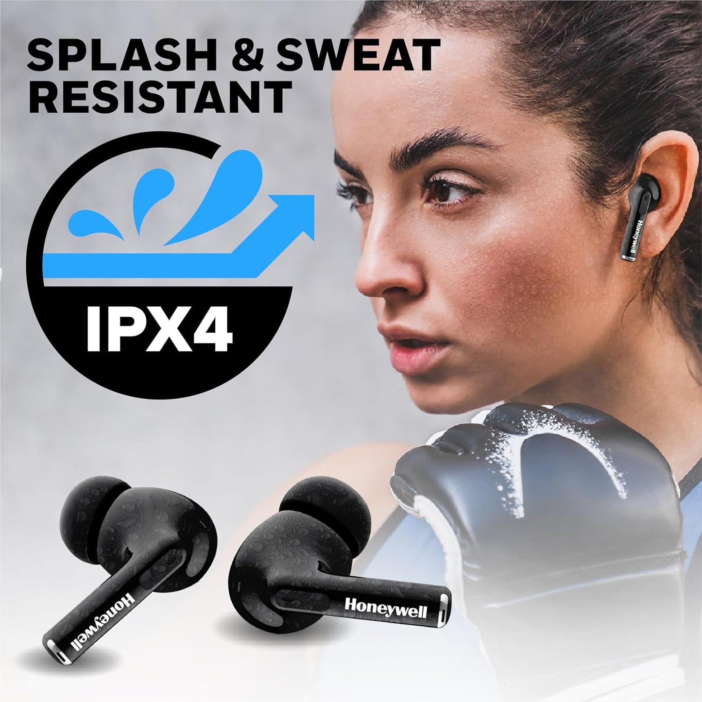 Honeywell Moxie V1200 Bluetooth TWS Earbuds with 26H of Playtime, Type C Fast Charging, IPx4 Water Resistant, Bluetooth V5.3, 13mm*2 Drivers, Voice Assistant, 2 Years Manufacturer Warranty - Black