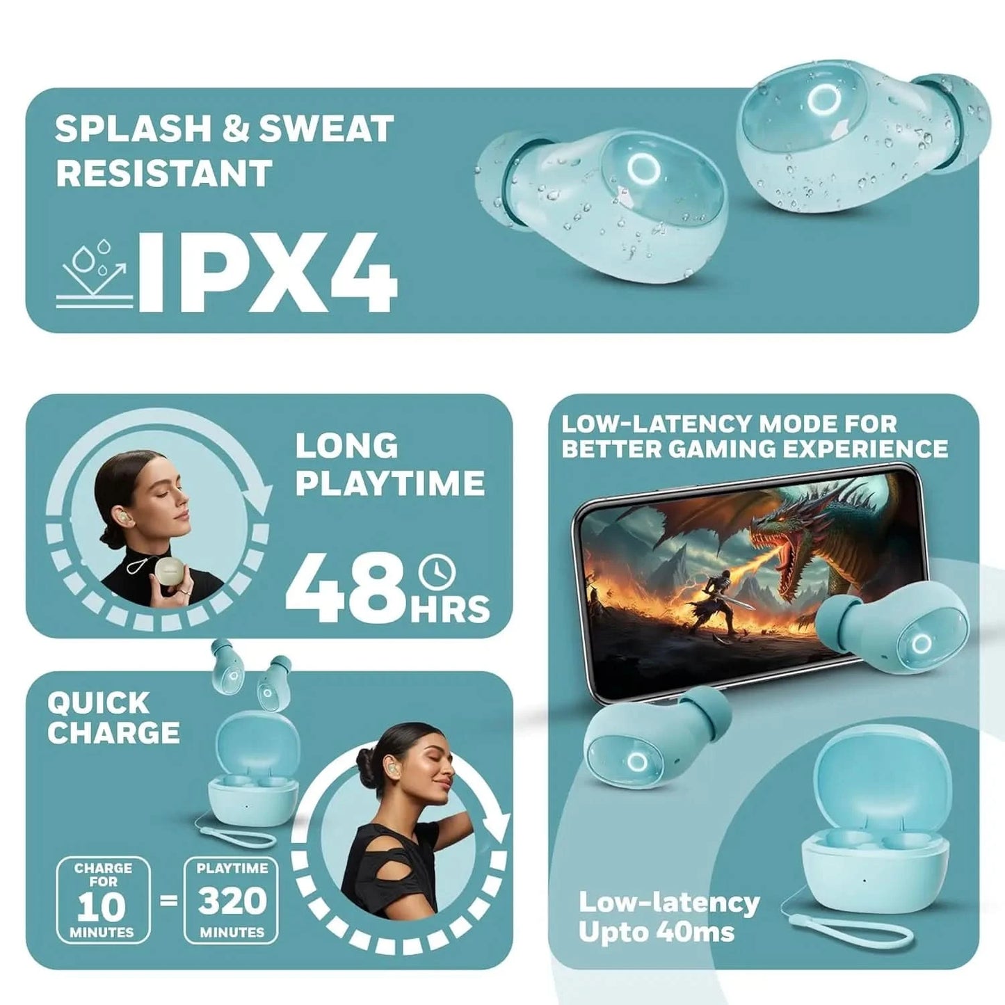 Honeywell Moxie V1500 Bluetooth TWS Earbuds with 48H Playtime, Type C Fast Charging, IPX4 Water Resistant, Bluetooth V5.4, 8mm*2 Drivers, Touch Controls, Voice Assistant, Noise Cancelling