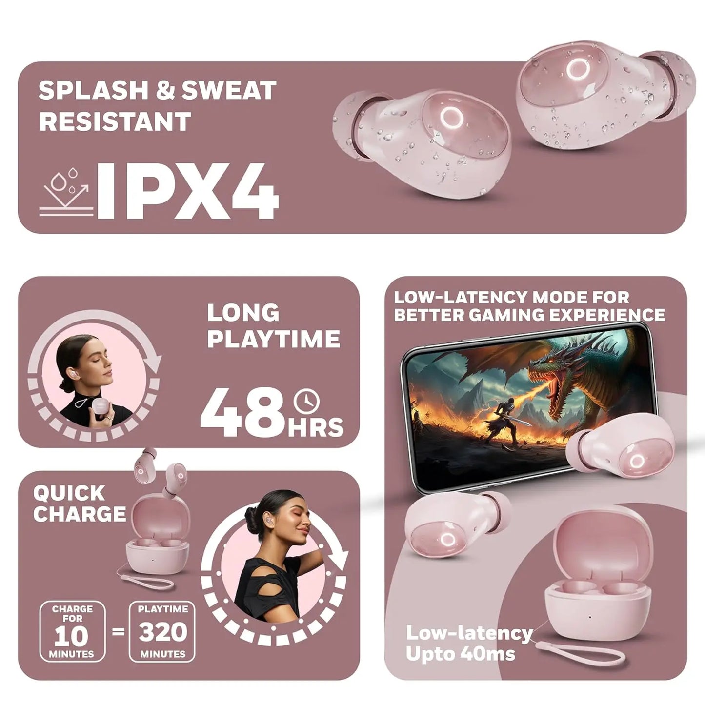 Honeywell Moxie V1500 Bluetooth TWS Earbuds with 48H Playtime, Type C Fast Charging, IPX4 Water Resistant, Bluetooth V5.4, 8mm*2 Drivers, Touch Controls, Voice Assistant, Noise Cancelling Pink