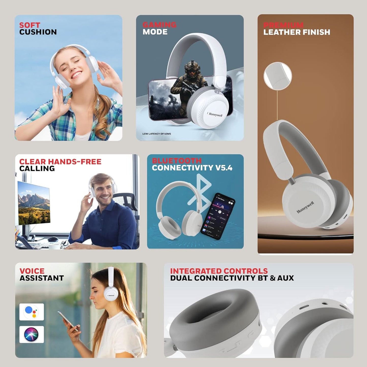 Honeywell Moxie V20 Bluetooth 5.4 Wireless On-Ear Headphones with Mic, ENC Noise Reduction, 25H Playback, Deep Bass, IPX4, AUX Support, 40ms Low Latency Gaming Mode, Stereo Sound, Padded Cushions