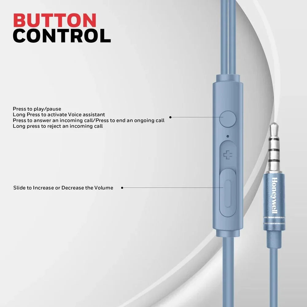 Honeywell Moxie V50 Wired Earphones with Built in Mic, 10mm*2 Drivers, Passive Noise Cancellation, Deep Bass & Clear Sound, Ultra HD Mic Quality, 3.5mm AUX, Voice Assistant Enabled, 1.2 Mtr Blue