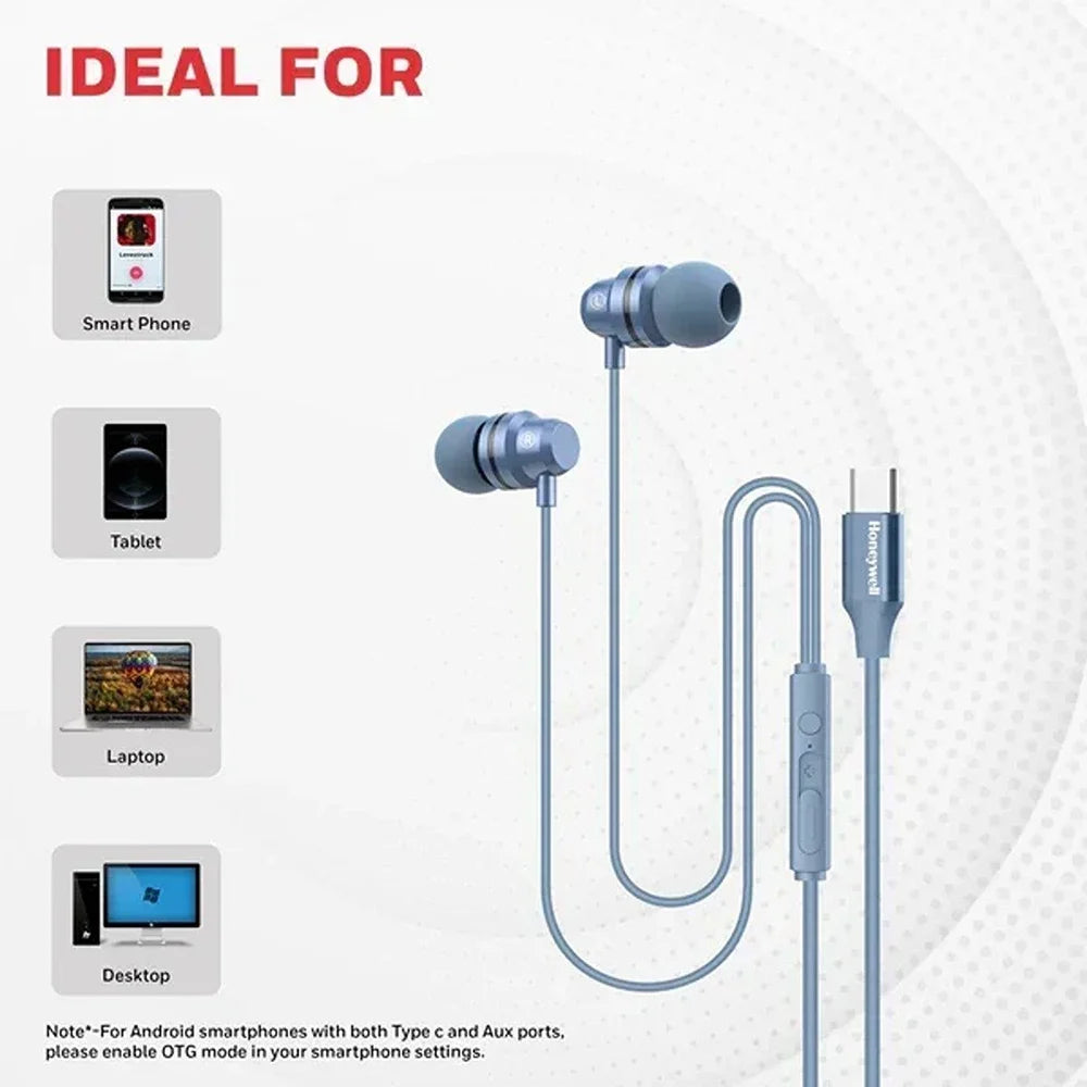 Honeywell Moxie V50 Wired Earphones with Built in Mic, 10mm*2 Drivers, Passive Noise Cancellation, Deep Bass & Clear Sound, Ultra HD Mic Quality, 3.5mm AUX, Voice Assistant Enabled, 1.2 Mtr Blue