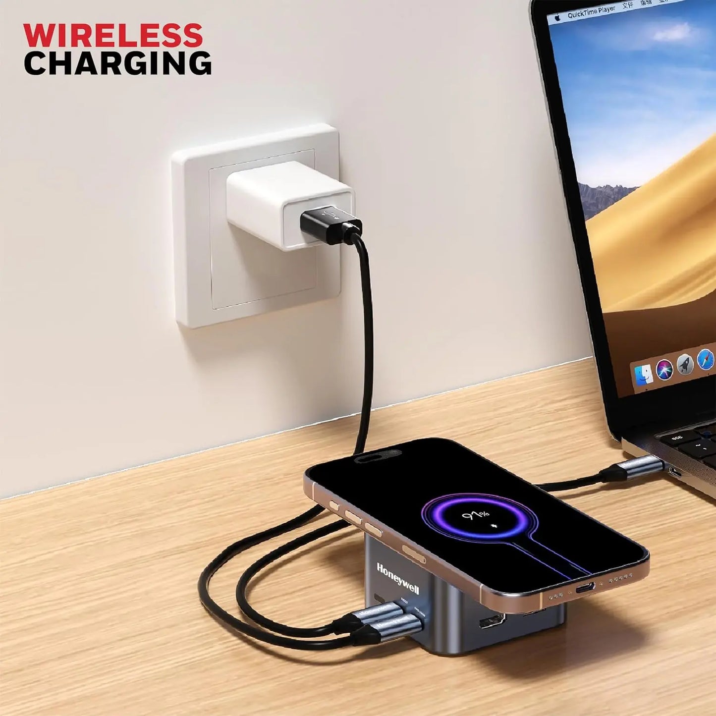 Honeywell New Launch 12-in-1 Type C Dock with 4K HDMI, MagSafe Wireless 15W, 4xUSB Ports PD 100W, Mic, Ethernet & Audio Port, SD & MicroSD Slot, All Type C Devices, Windows/MacBook