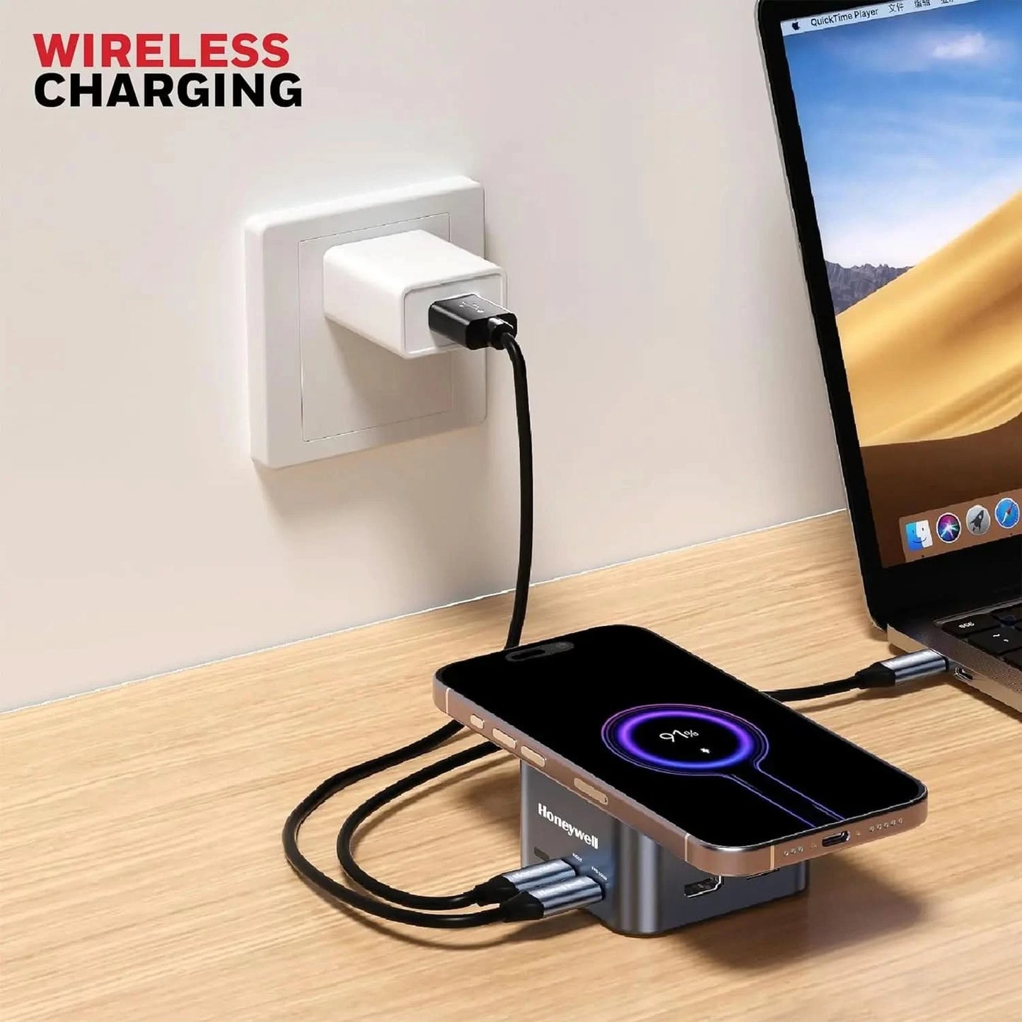 Honeywell New Launch 12-in-1 Type C Dock with 4K HDMI, MagSafe Wireless 15W, 4xUSB Ports PD 100W, Mic, Ethernet & Audio Port, SD & MicroSD Slot, All Type C Devices, Windows/MacBook