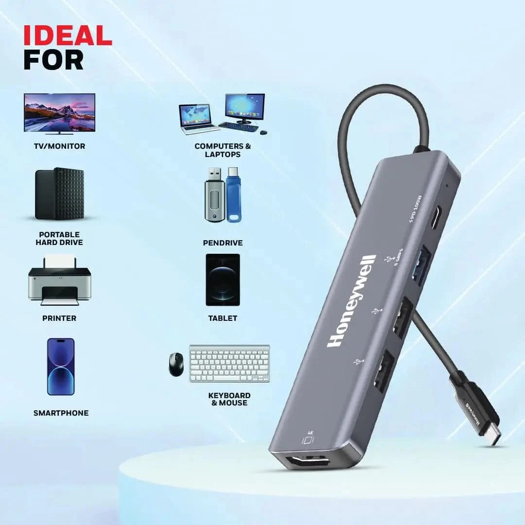Honeywell New Launch 5-in-1 Type C Docking Station with 4K HDMI Port, USB 3.0 & 2 X USB 2.0 Ports & Type C 3.0 PD 100W, for All Type C Devices- Windows/MacBook, On-The-Go Feature